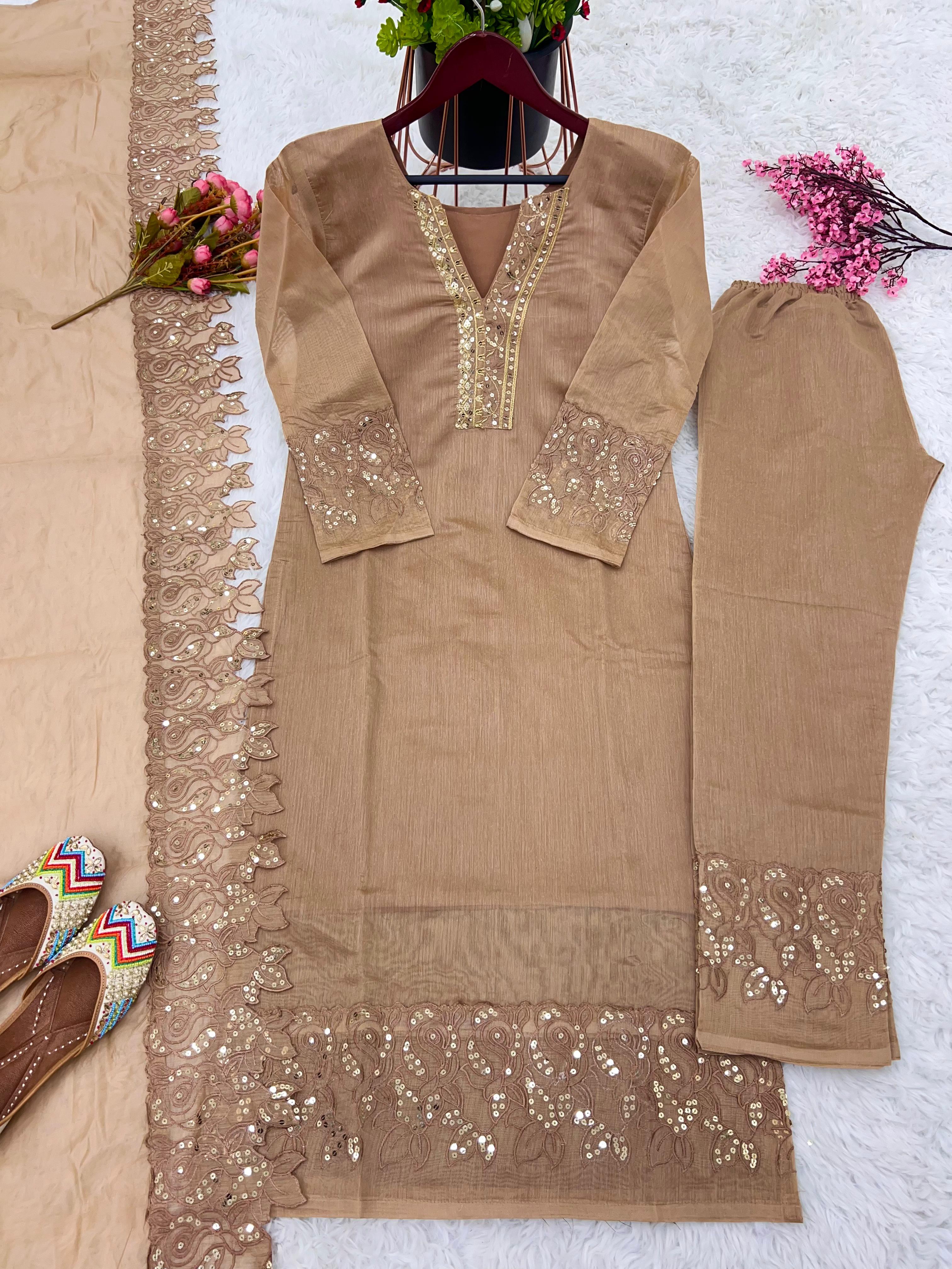 Beige Color Fancy Work Chanderi Silk Kurti Set