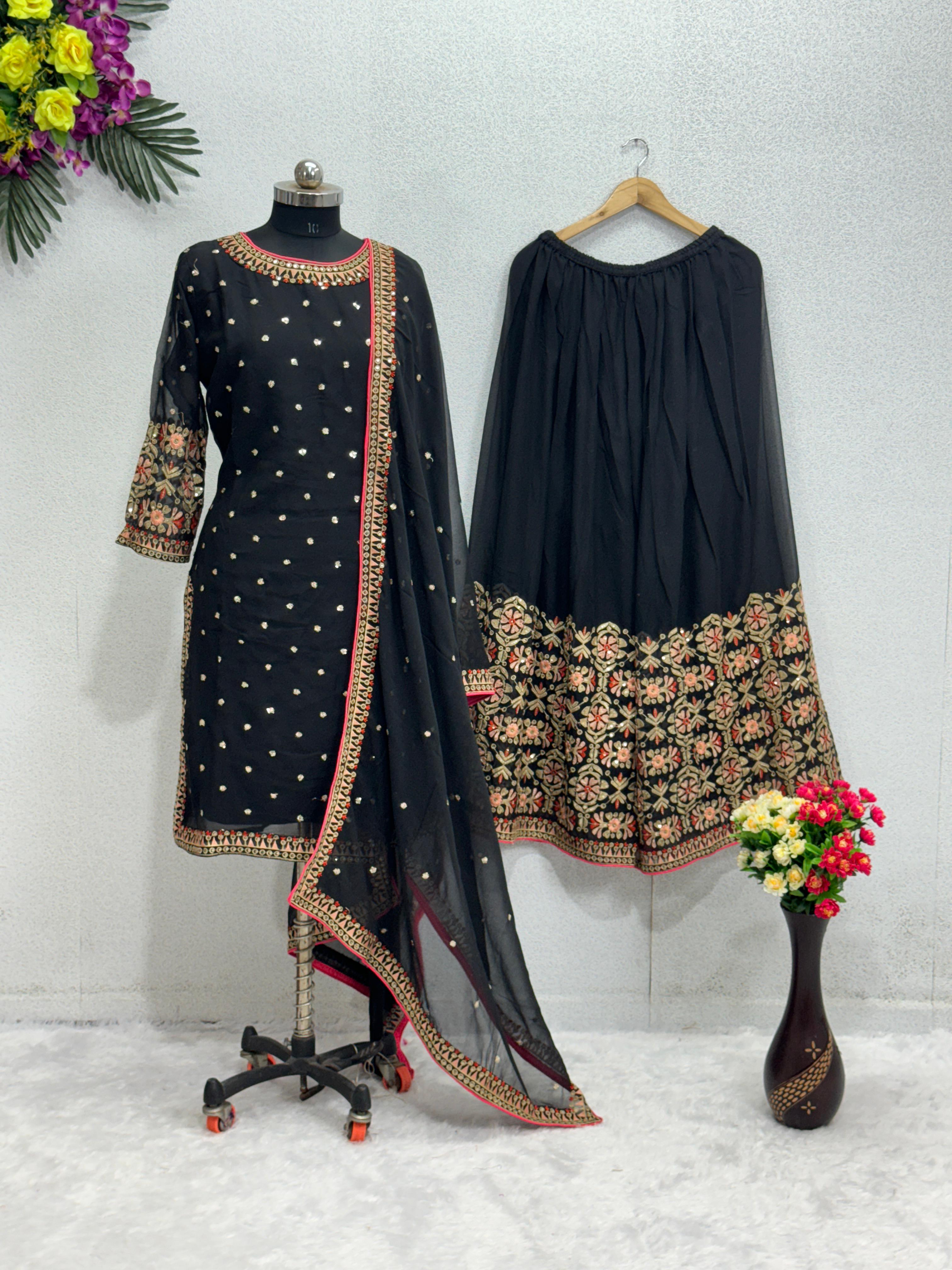 Charming Black Color Embroidery Work Sharara Suit