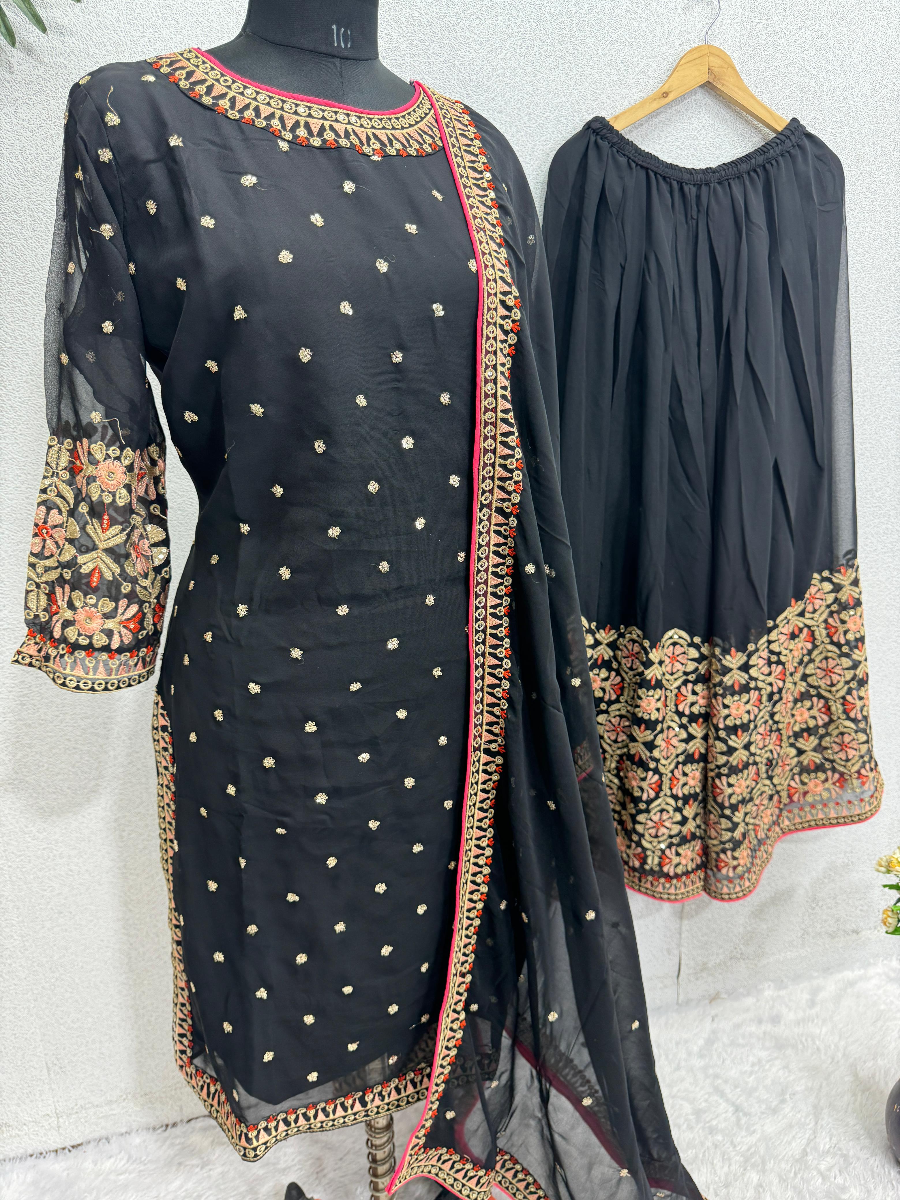 Charming Black Color Embroidery Work Sharara Suit