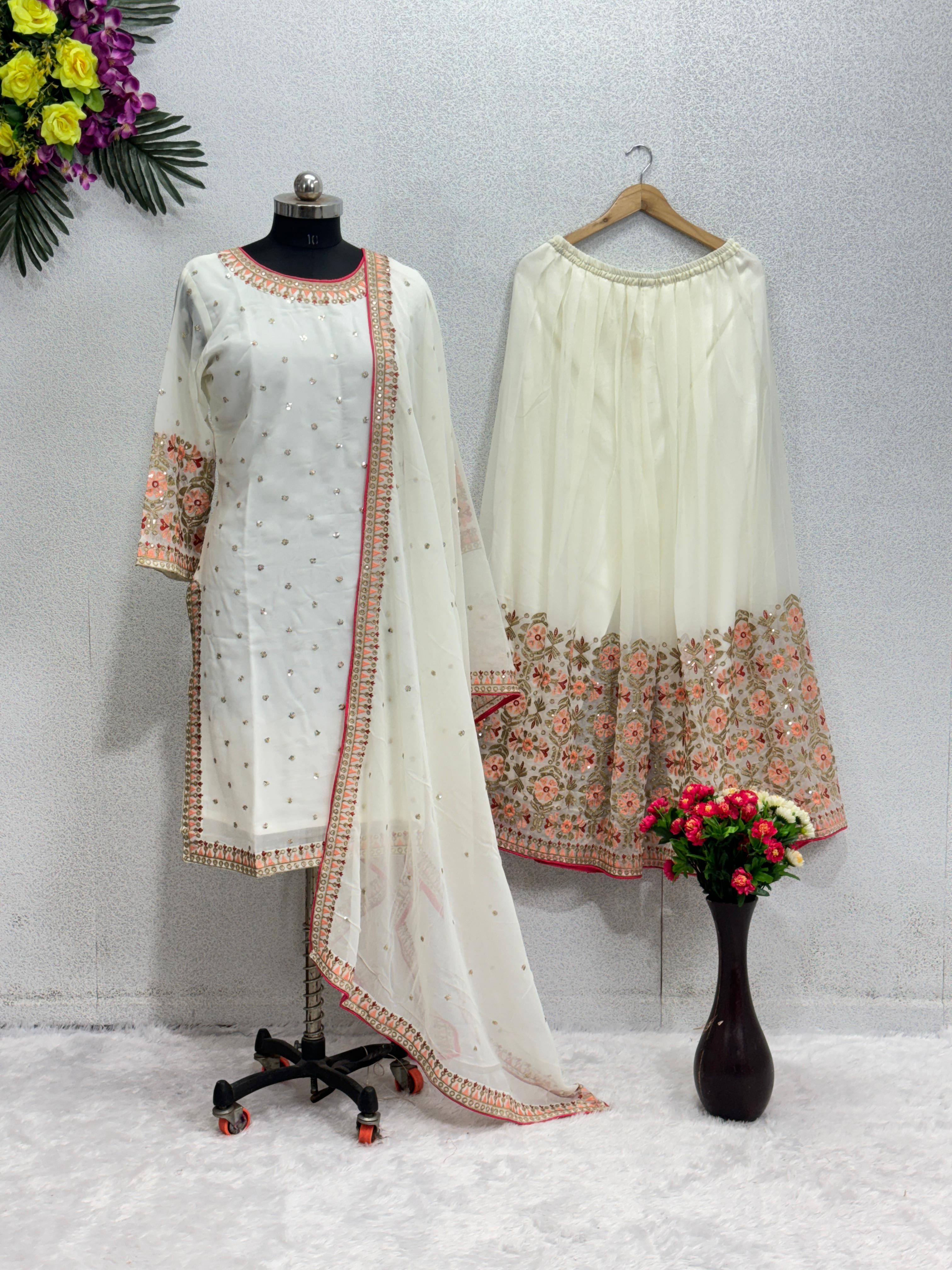 Charming White Color Embroidery Work Sharara Suit