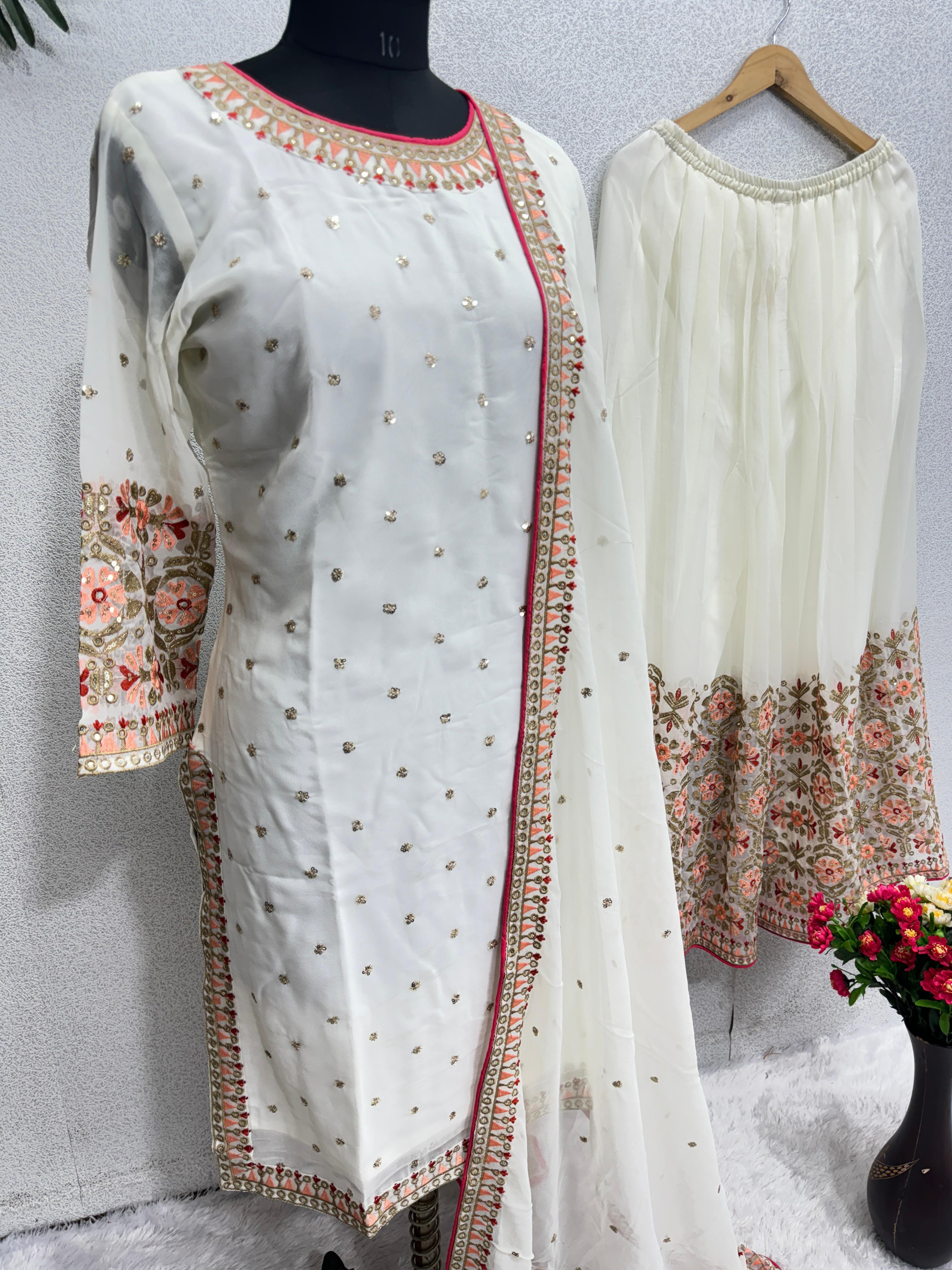 Charming White Color Embroidery Work Sharara Suit