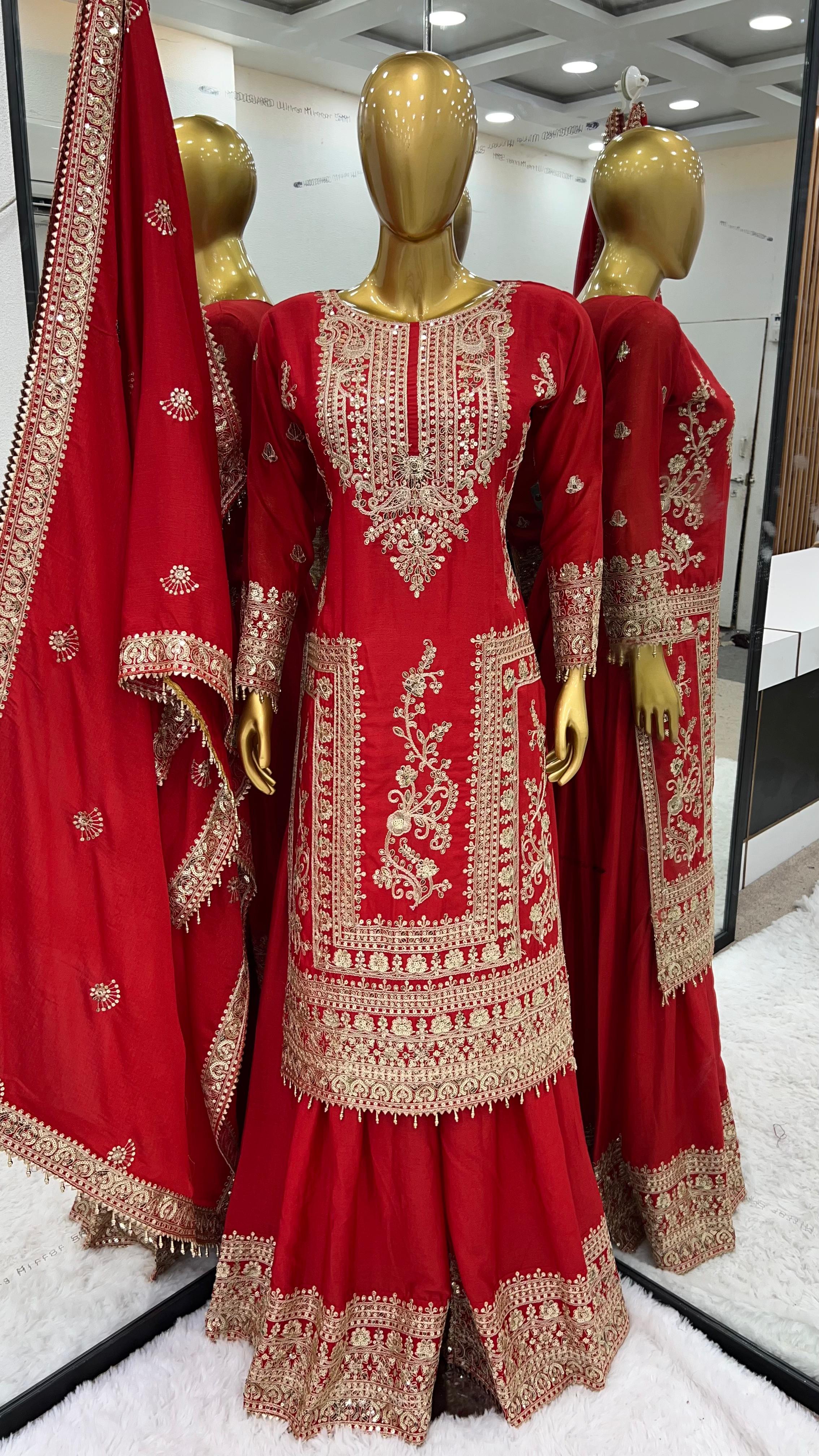 Embroidery Work Red Color Stylish Palazzo Suit