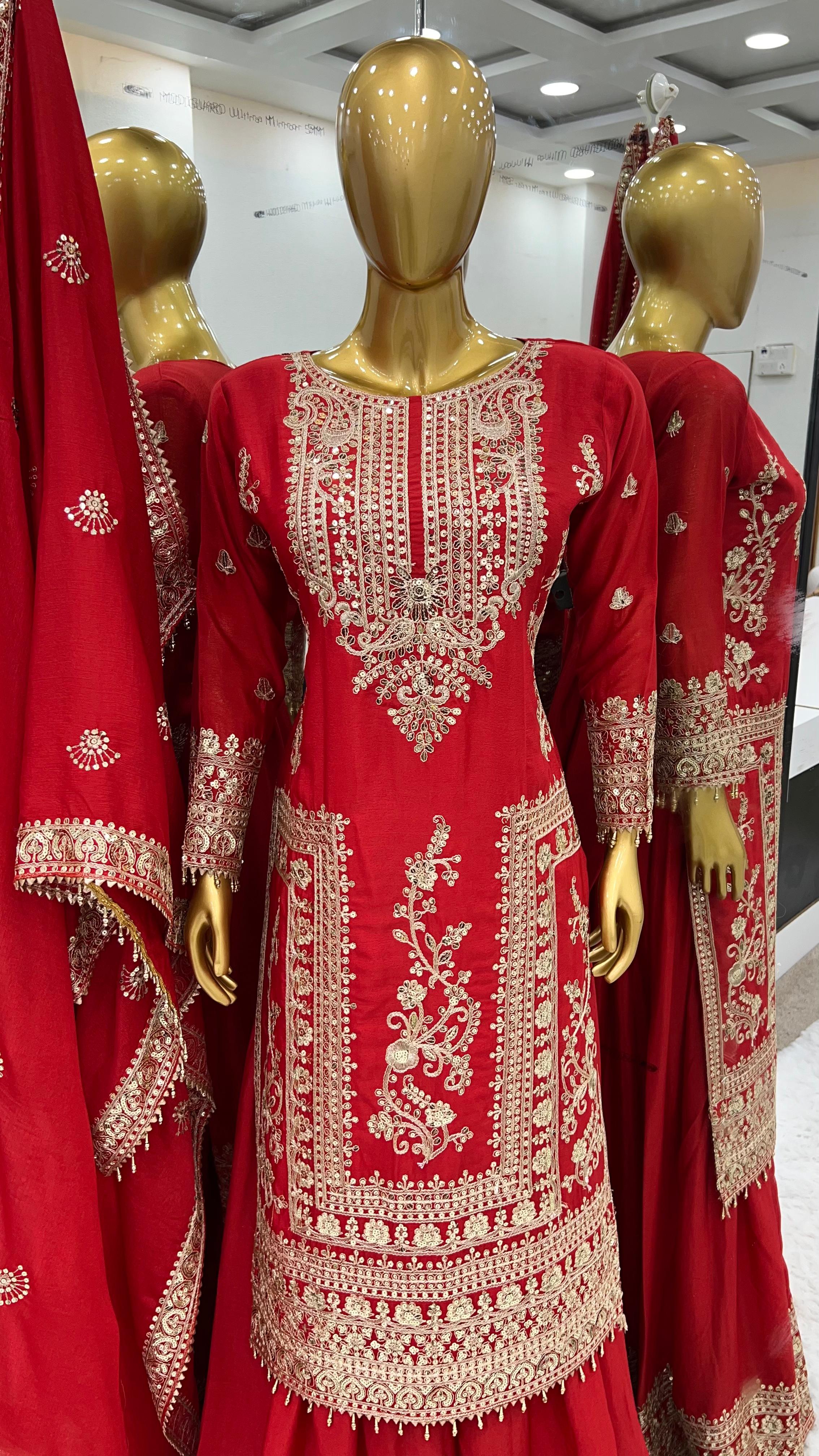 Embroidery Work Red Color Stylish Palazzo Suit