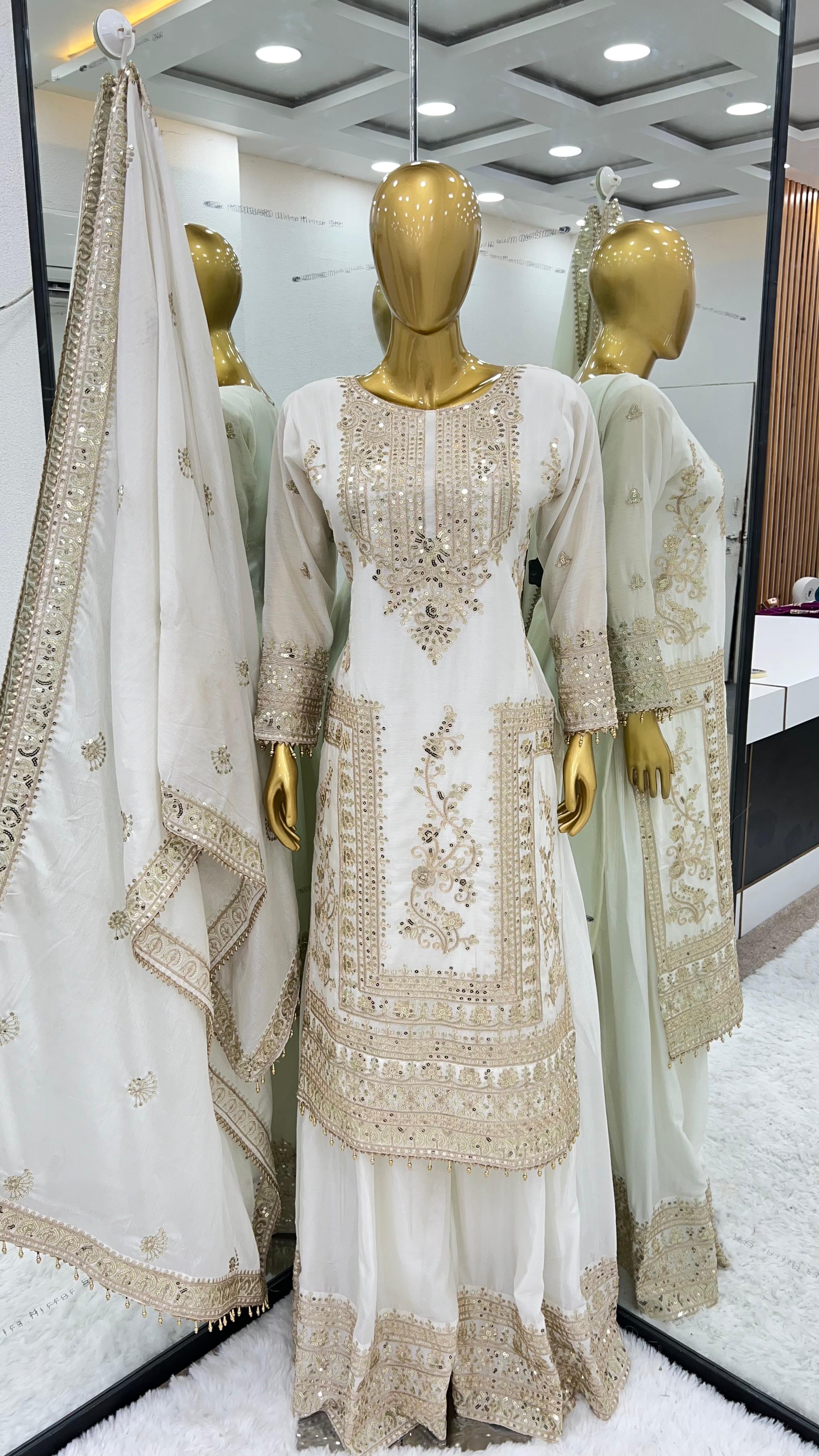 Embroidery Work White Color Stylish Palazzo Suit