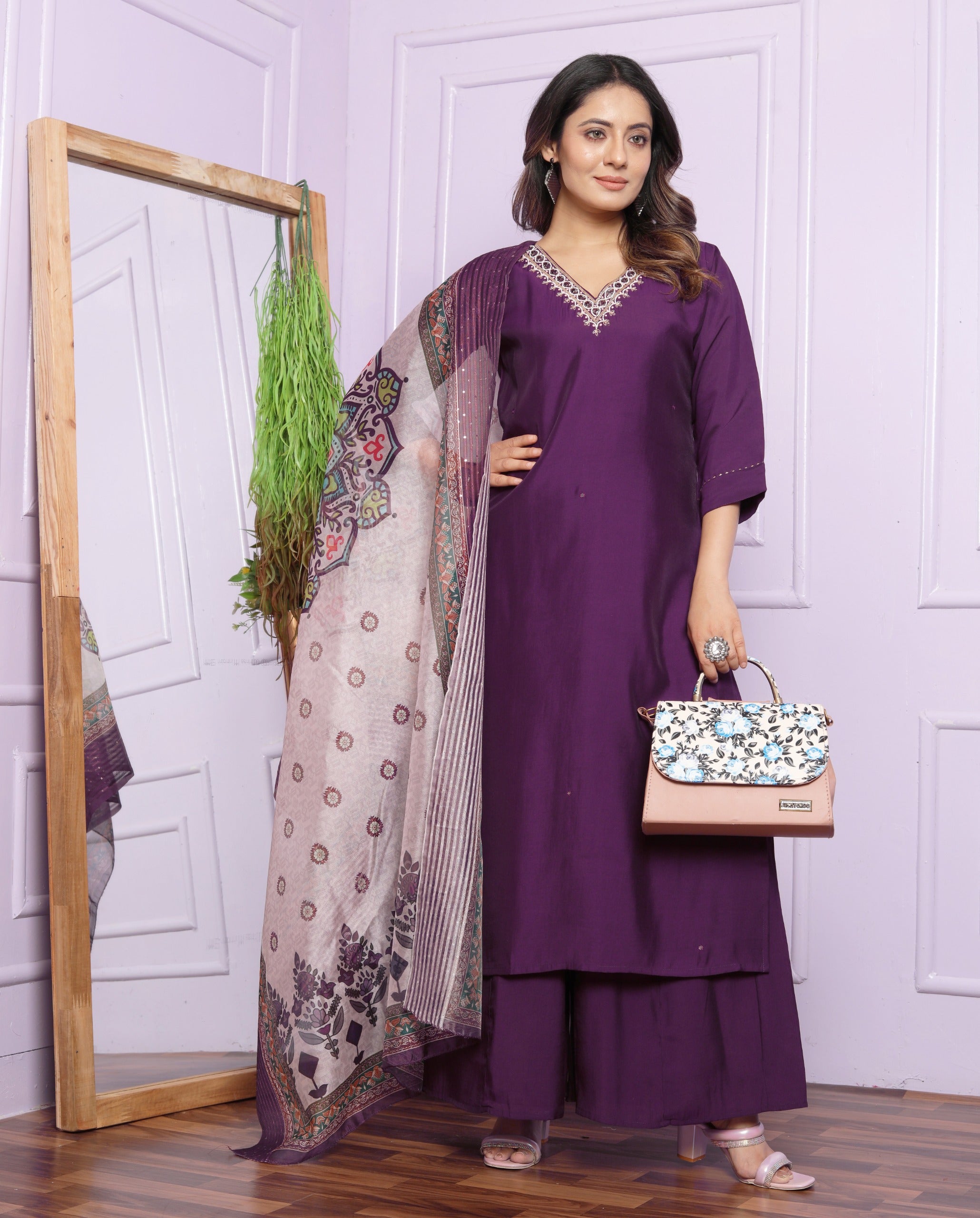 Stunning Purple Color Hand Work Palazzo Suit