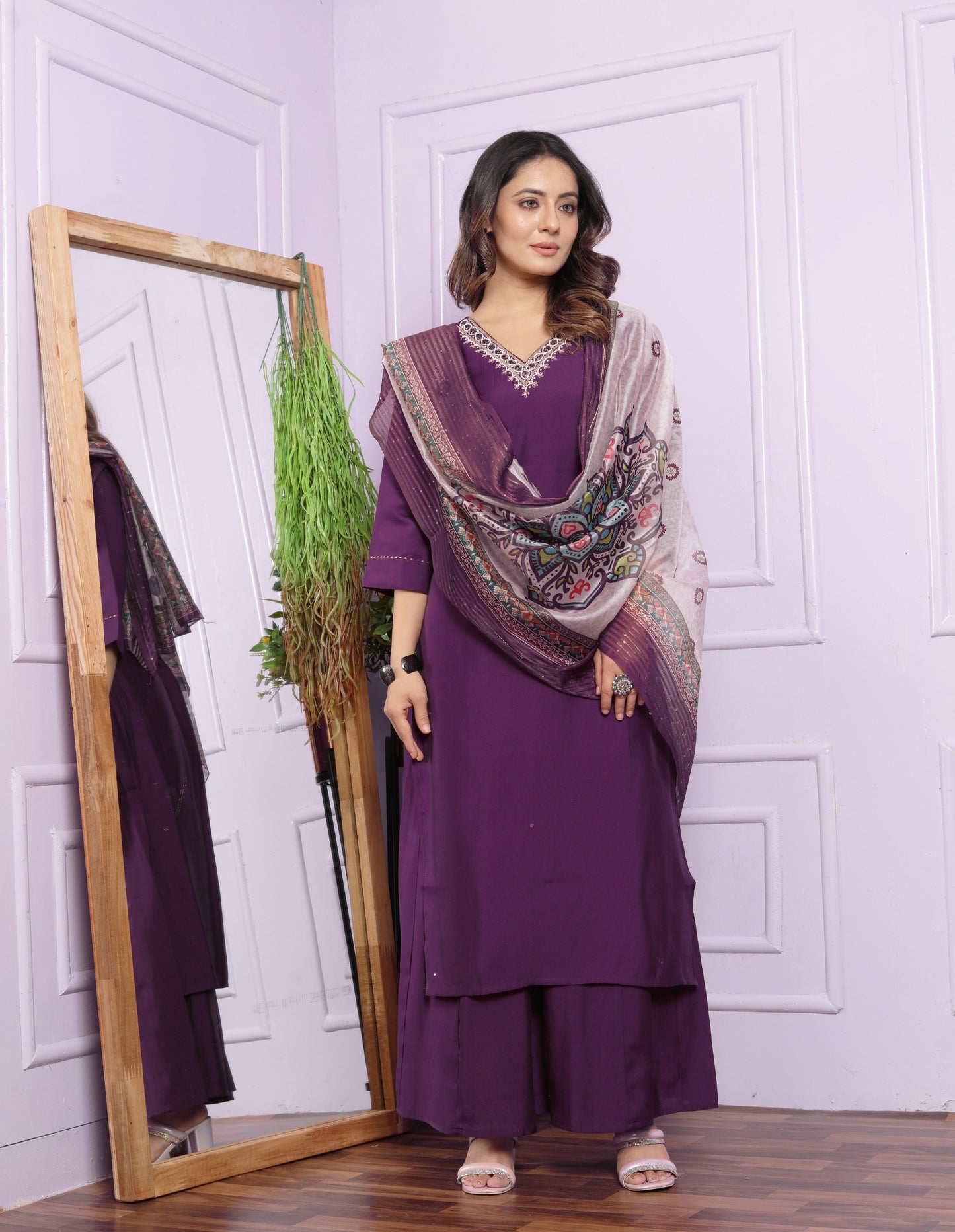 Stunning Purple Color Hand Work Palazzo Suit