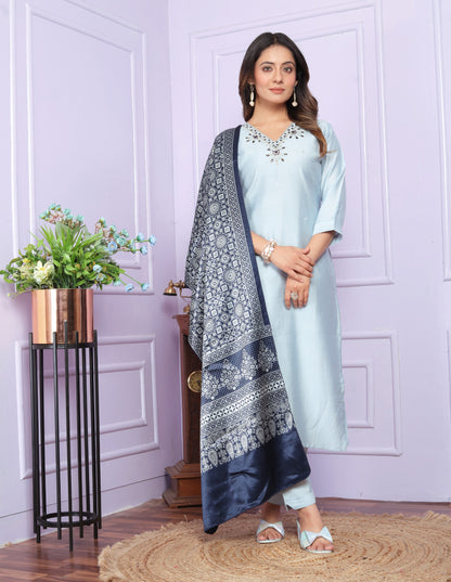 Alluring Sky Blue Straight Kurti Set With Dupatta