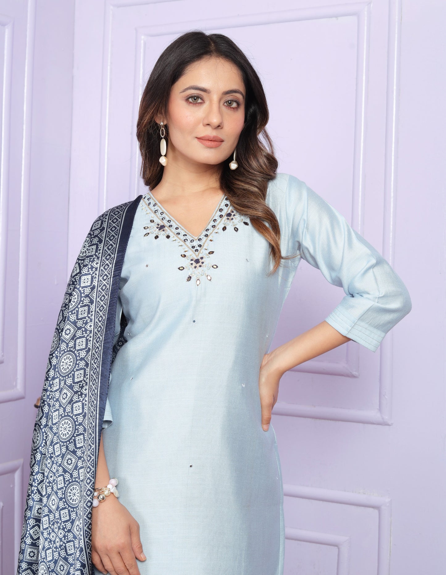 Alluring Sky Blue Straight Kurti Set With Dupatta