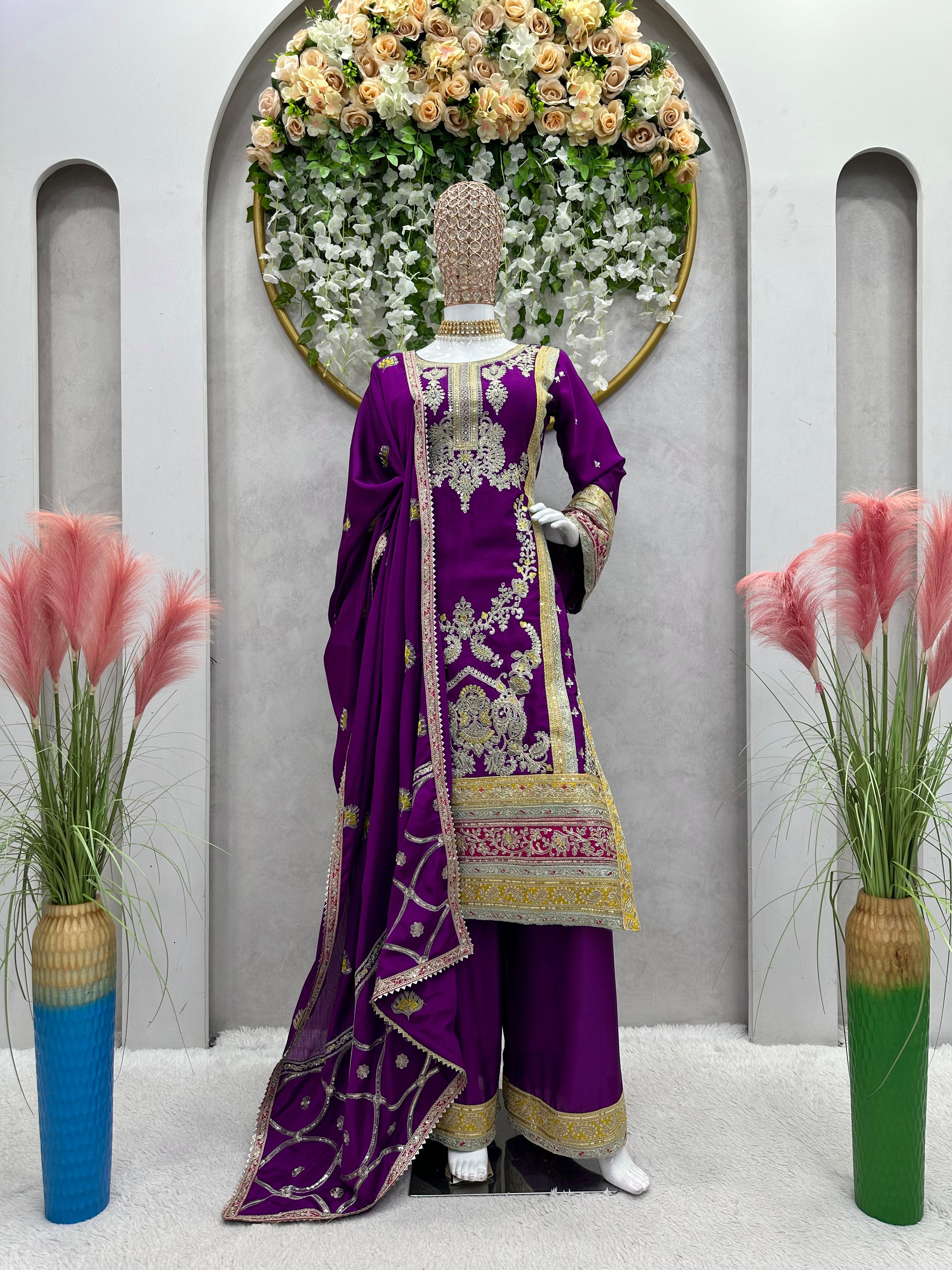 Flattering Purple Color Thread Work Pakistani Suit