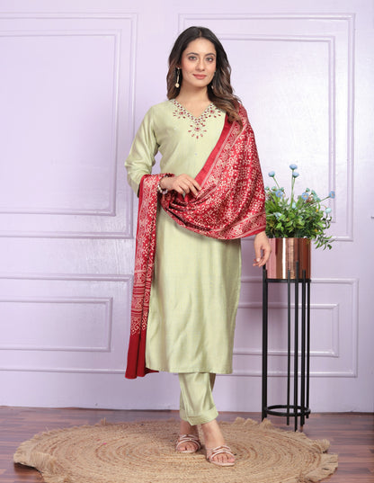 Pista Color Straight Kurti Set With Gaji Silk Dupatta