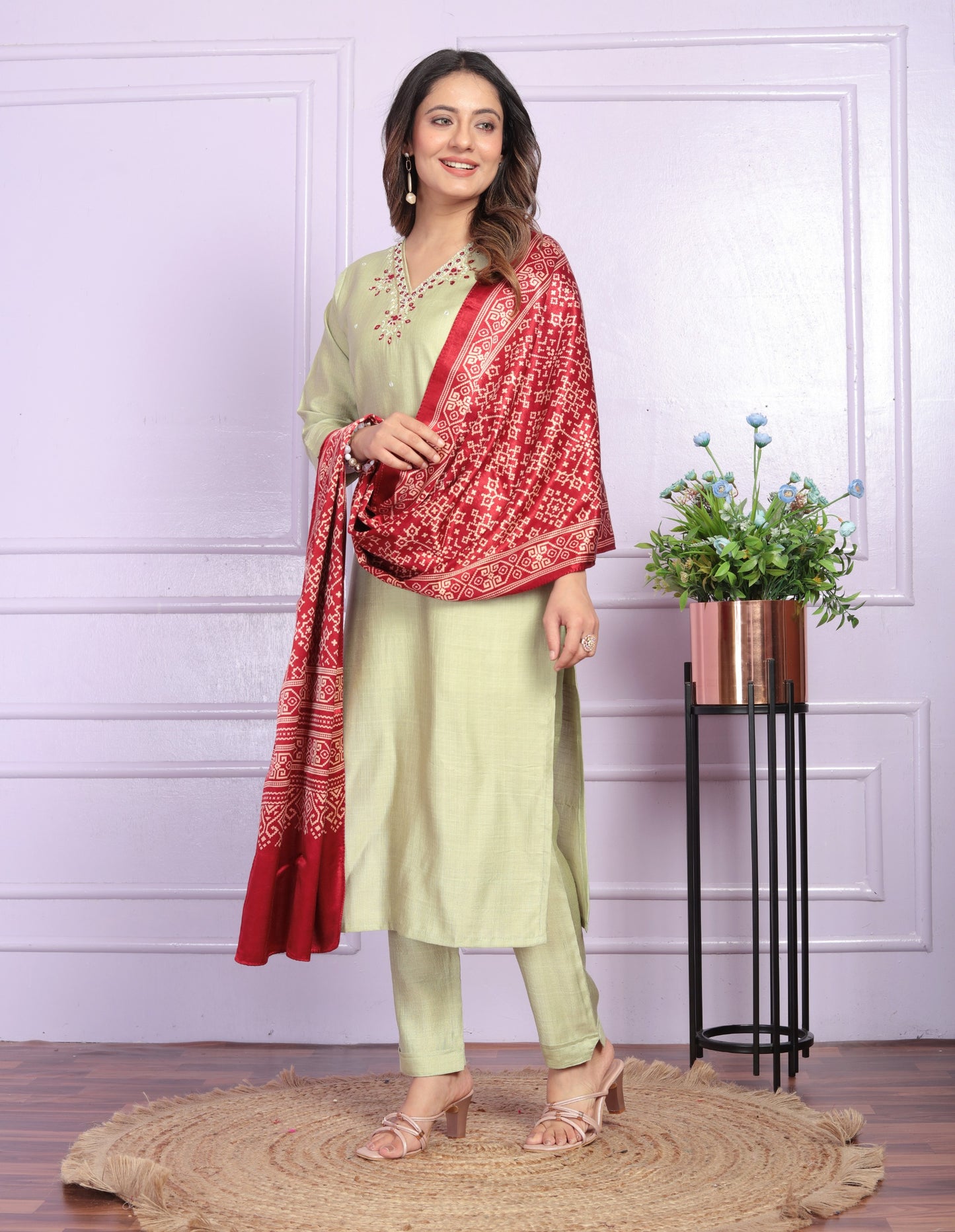 Pista Color Straight Kurti Set With Gaji Silk Dupatta