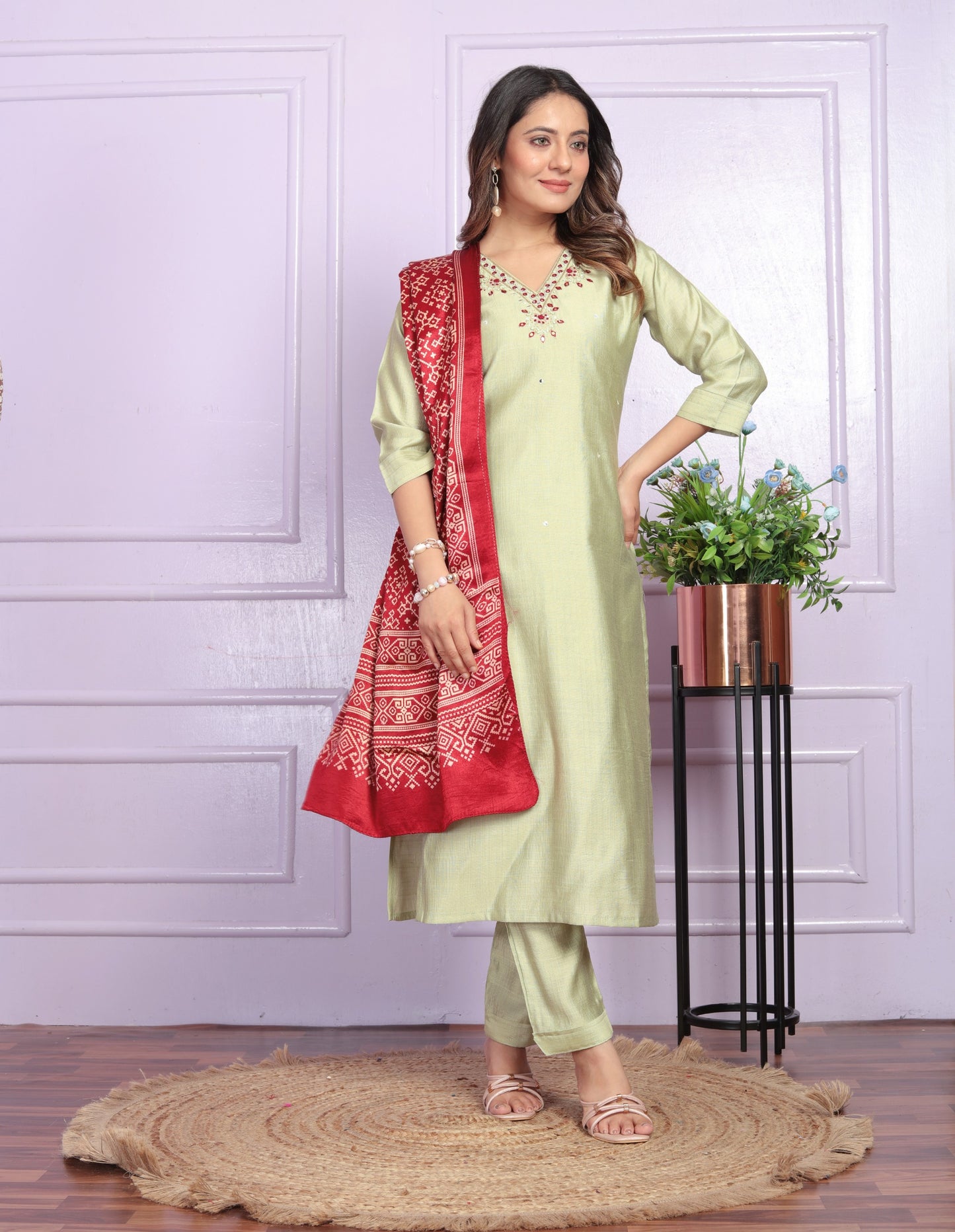 Pista Color Straight Kurti Set With Gaji Silk Dupatta