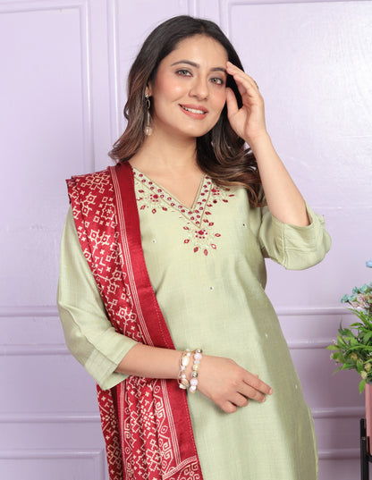 Pista Color Straight Kurti Set With Gaji Silk Dupatta