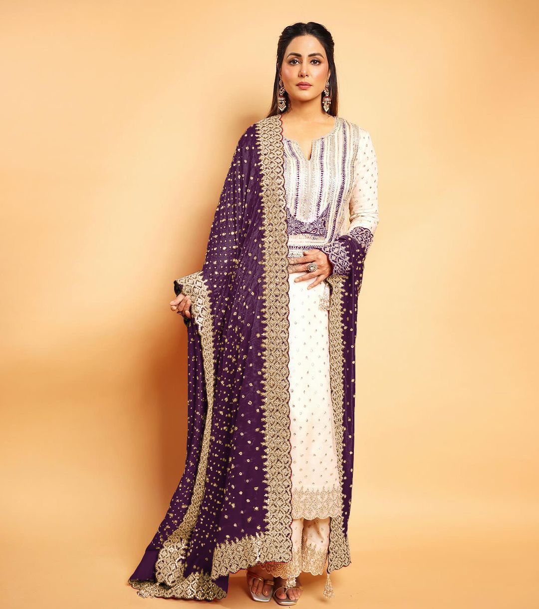 Hina Khan Wear White Palazzo Suit With Purple Dupatta