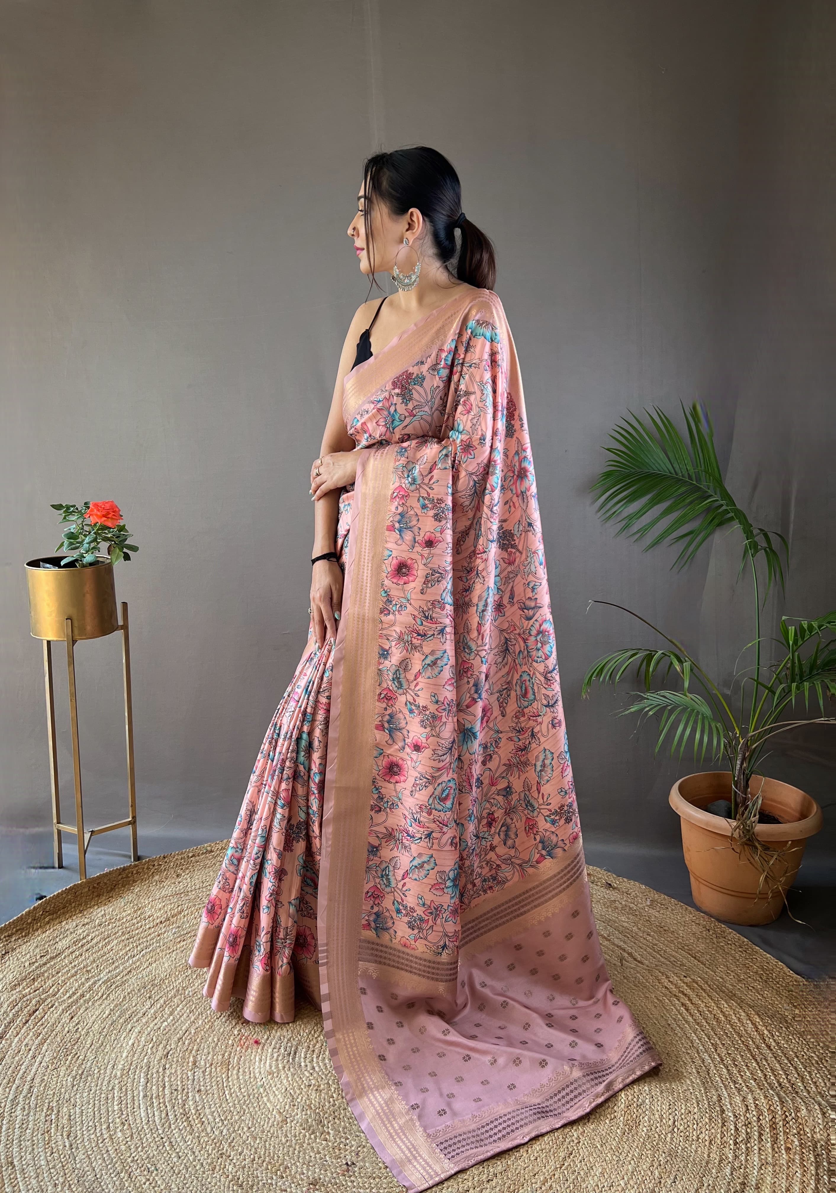 Flattering Digital Printed Pink Color Silk Saree