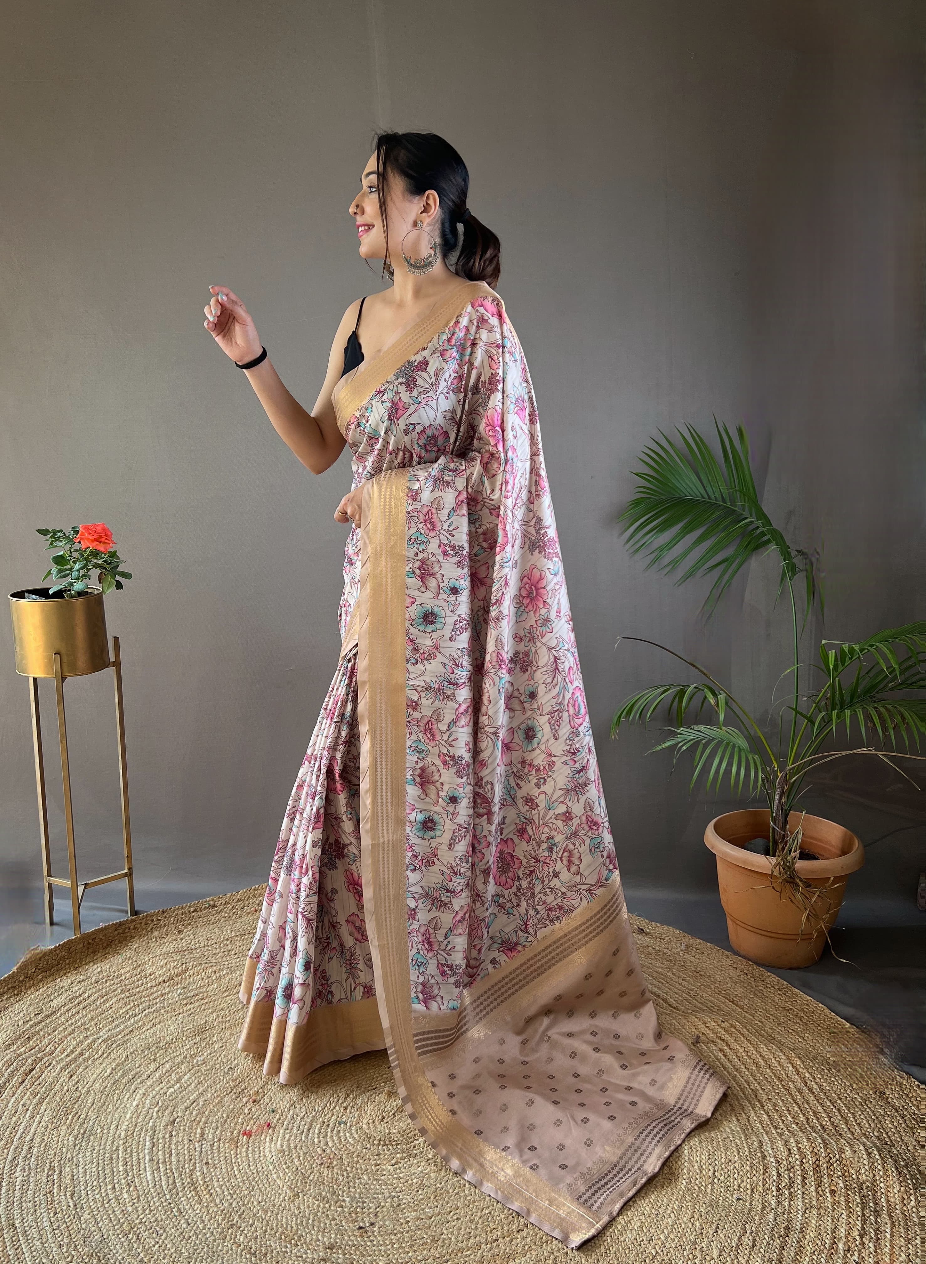 Flattering Digital Printed Beige Color Silk Saree