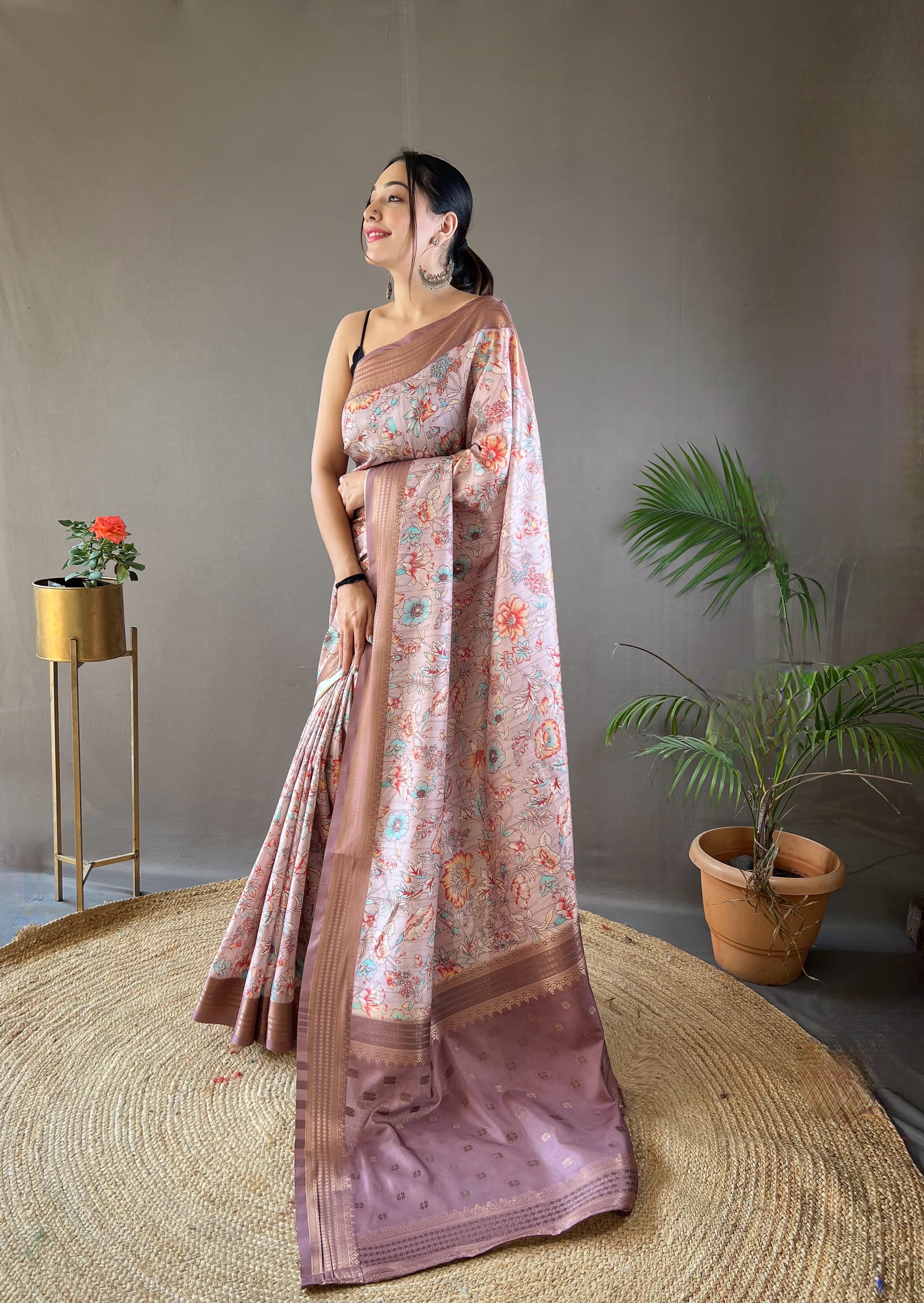 Flattering Digital Printed Dusty Pink Color Silk Saree