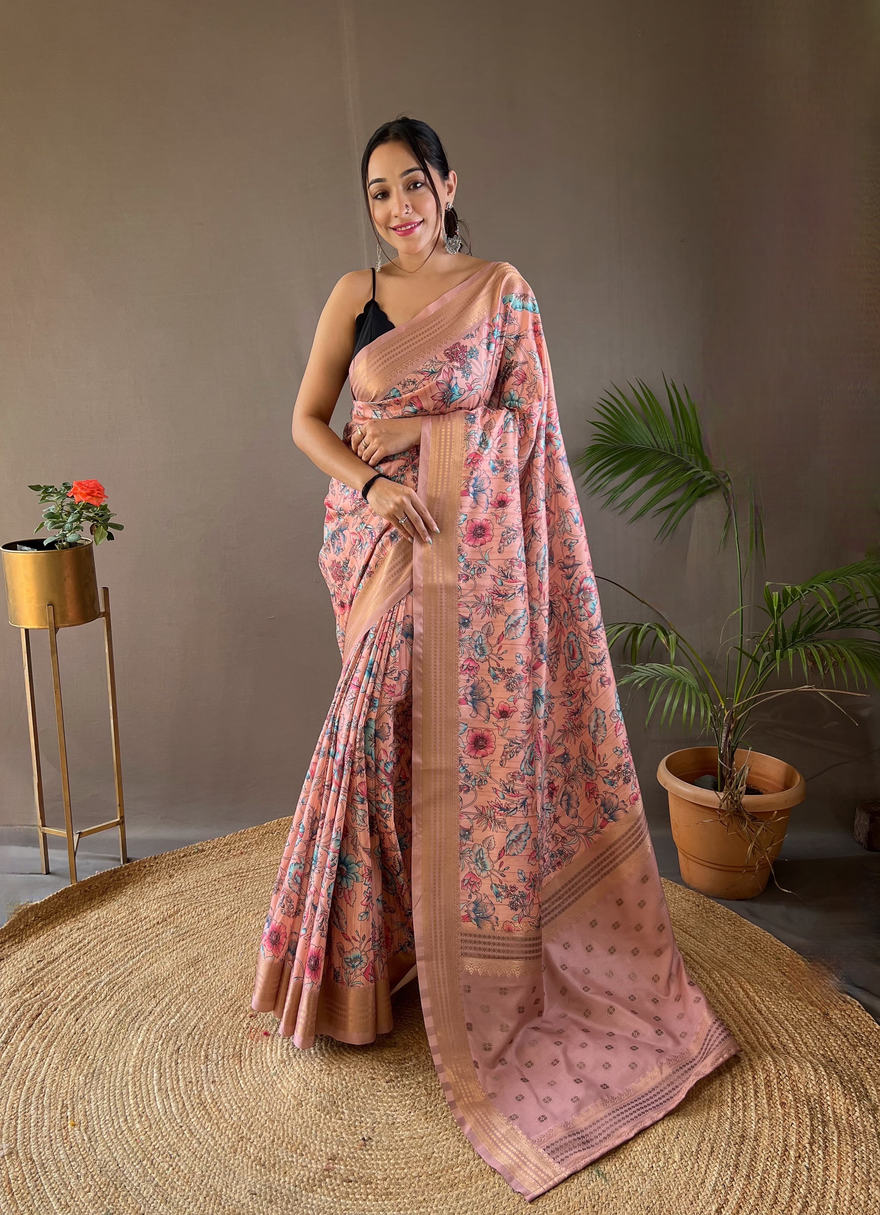 Flattering Digital Printed Pink Color Silk Saree