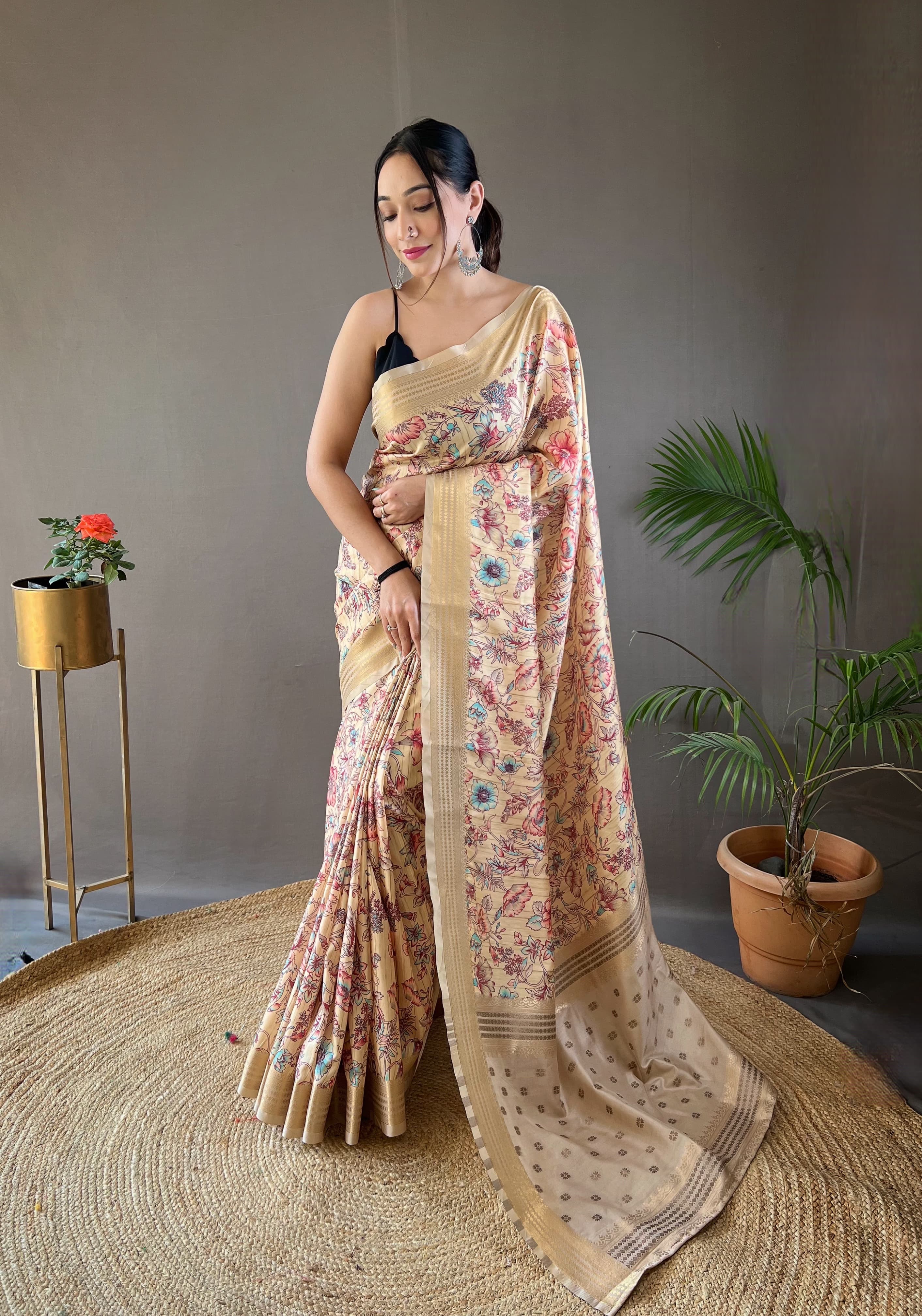 Flattering Digital Printed Cream Color Silk Saree