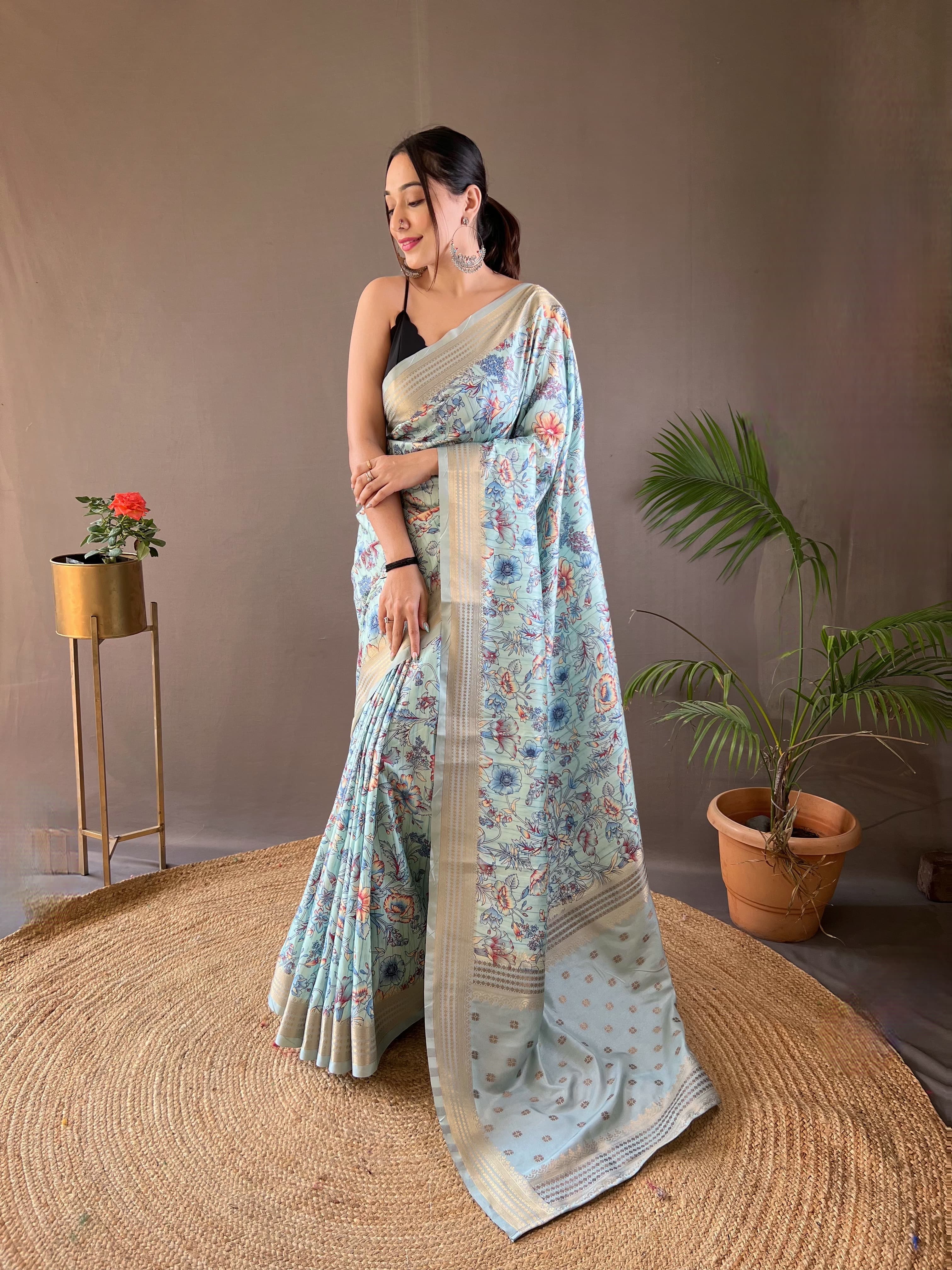 Flattering Digital Printed Sky Blue Color Silk Saree