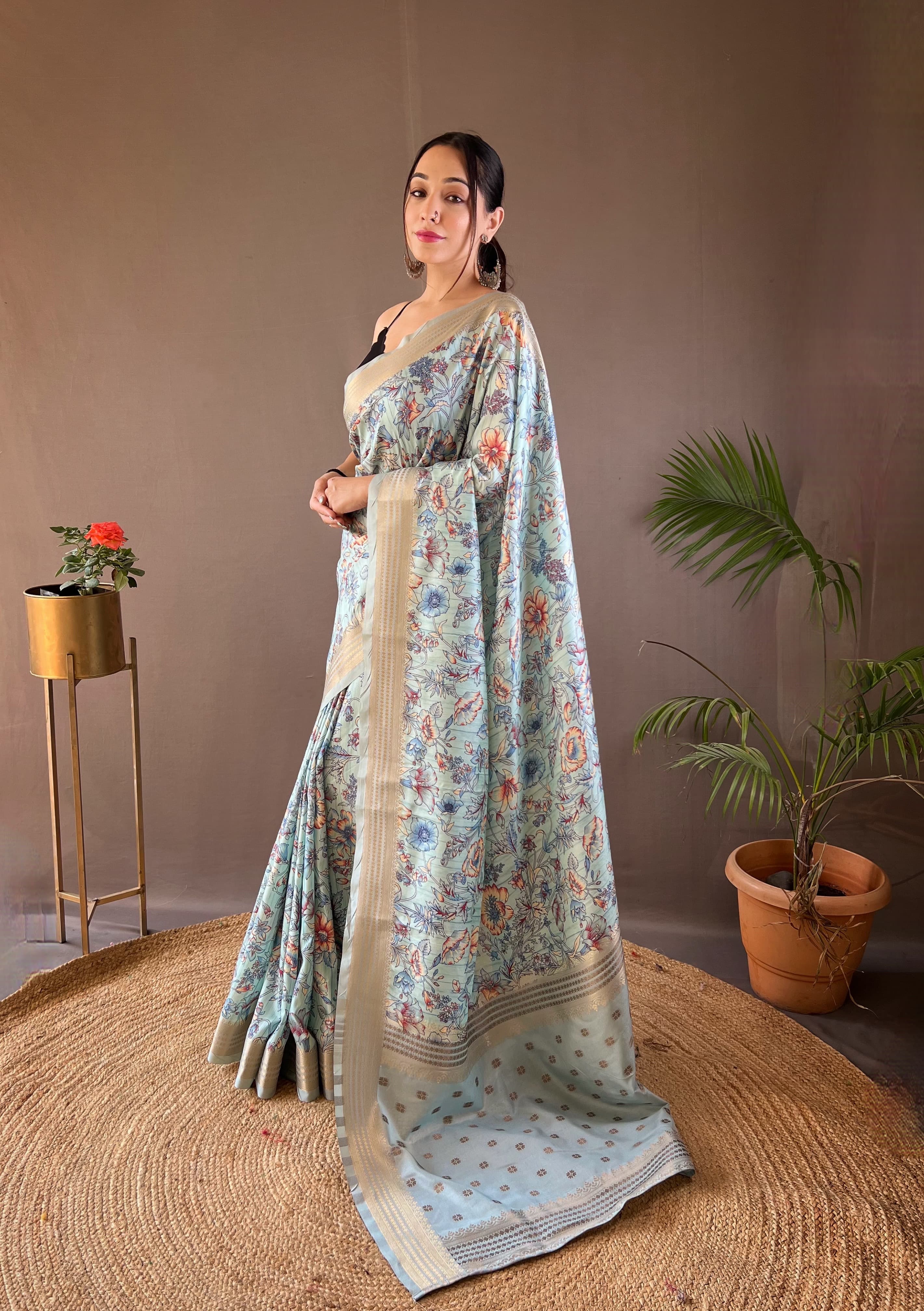 Flattering Digital Printed Sky Blue Color Silk Saree