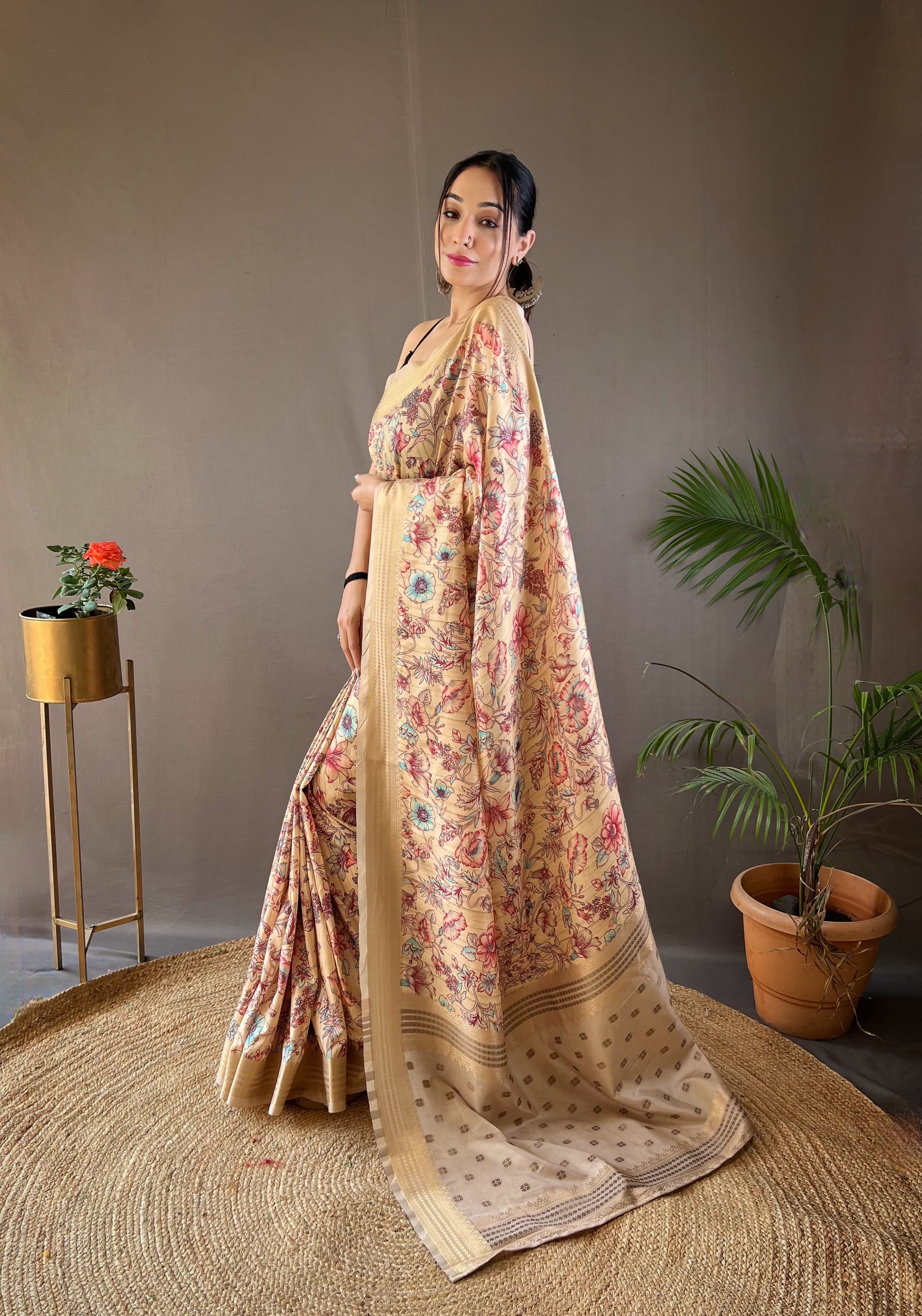 Flattering Digital Printed Cream Color Silk Saree