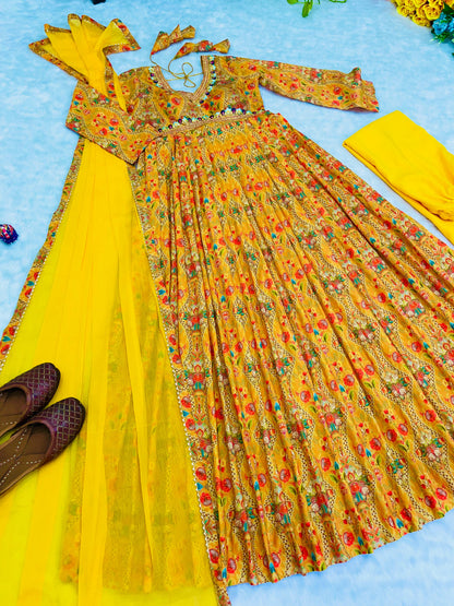 Festive Wear Multi Print Pattern Yellow Color Gown