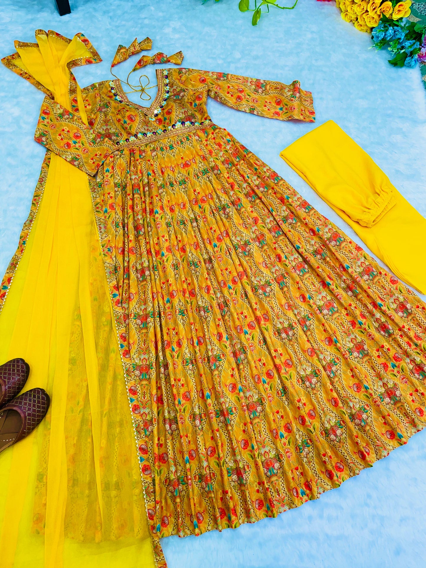 Festive Wear Multi Print Pattern Yellow Color Gown