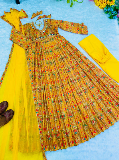 Festive Wear Multi Print Pattern Yellow Color Gown