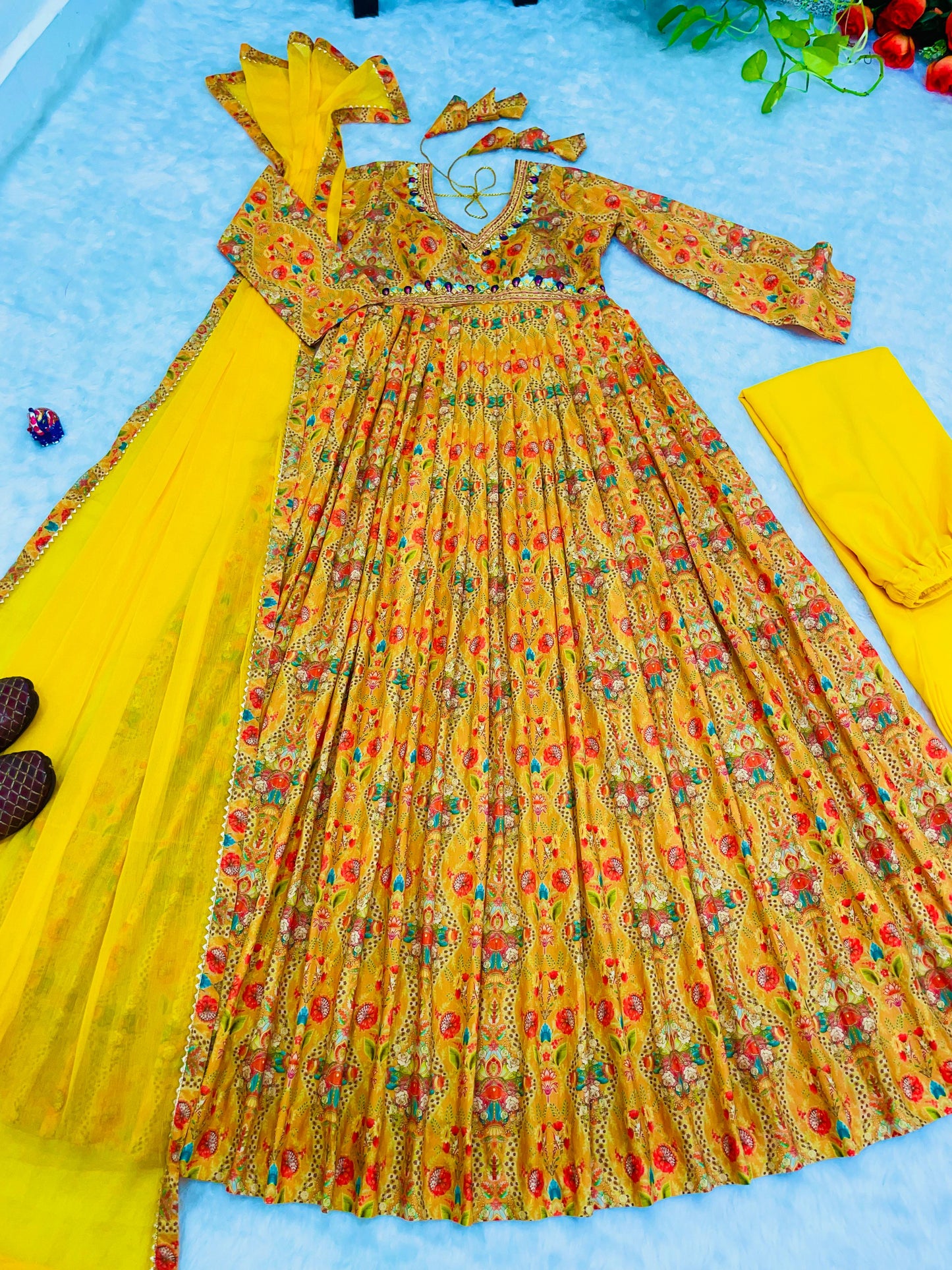 Festive Wear Multi Print Pattern Yellow Color Gown