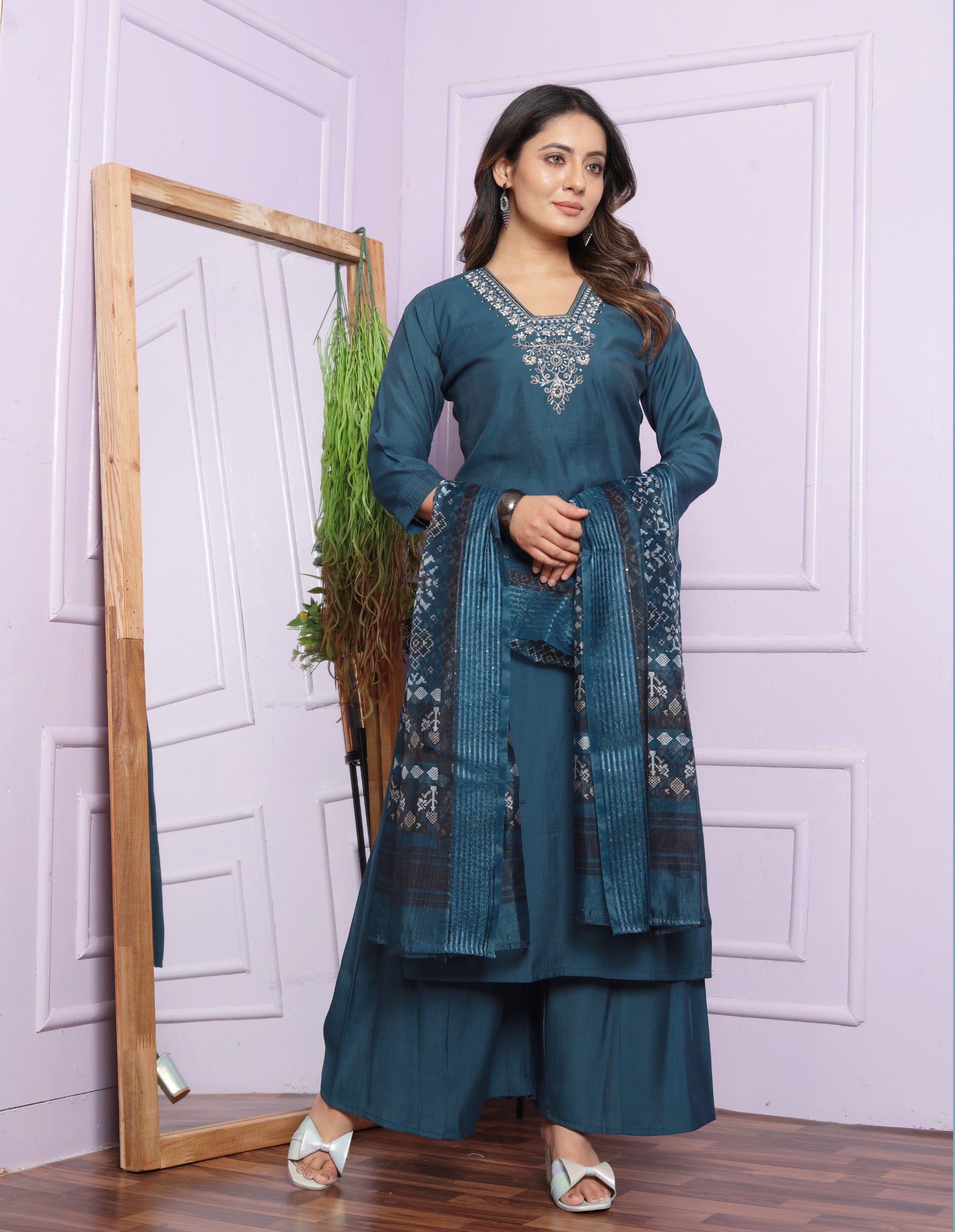 Festive Blue Color Hand Work Palazzo Suit