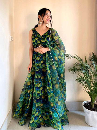 Organza Silk Floral Printed Green Color Lehenga Choli