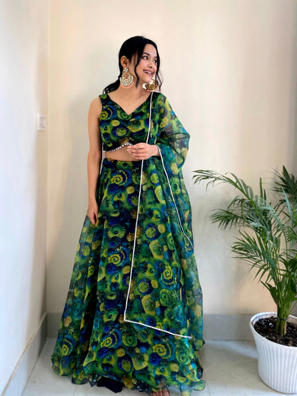 Organza Silk Floral Printed Green Color Lehenga Choli