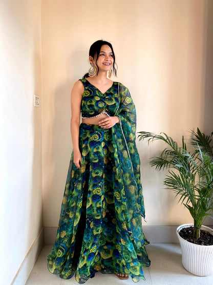 Organza Silk Floral Printed Green Color Lehenga Choli