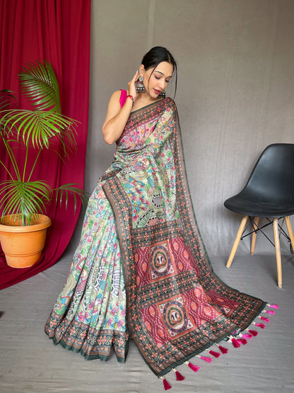 Elegant Multi Kalamkari Pattern Pista Green Saree