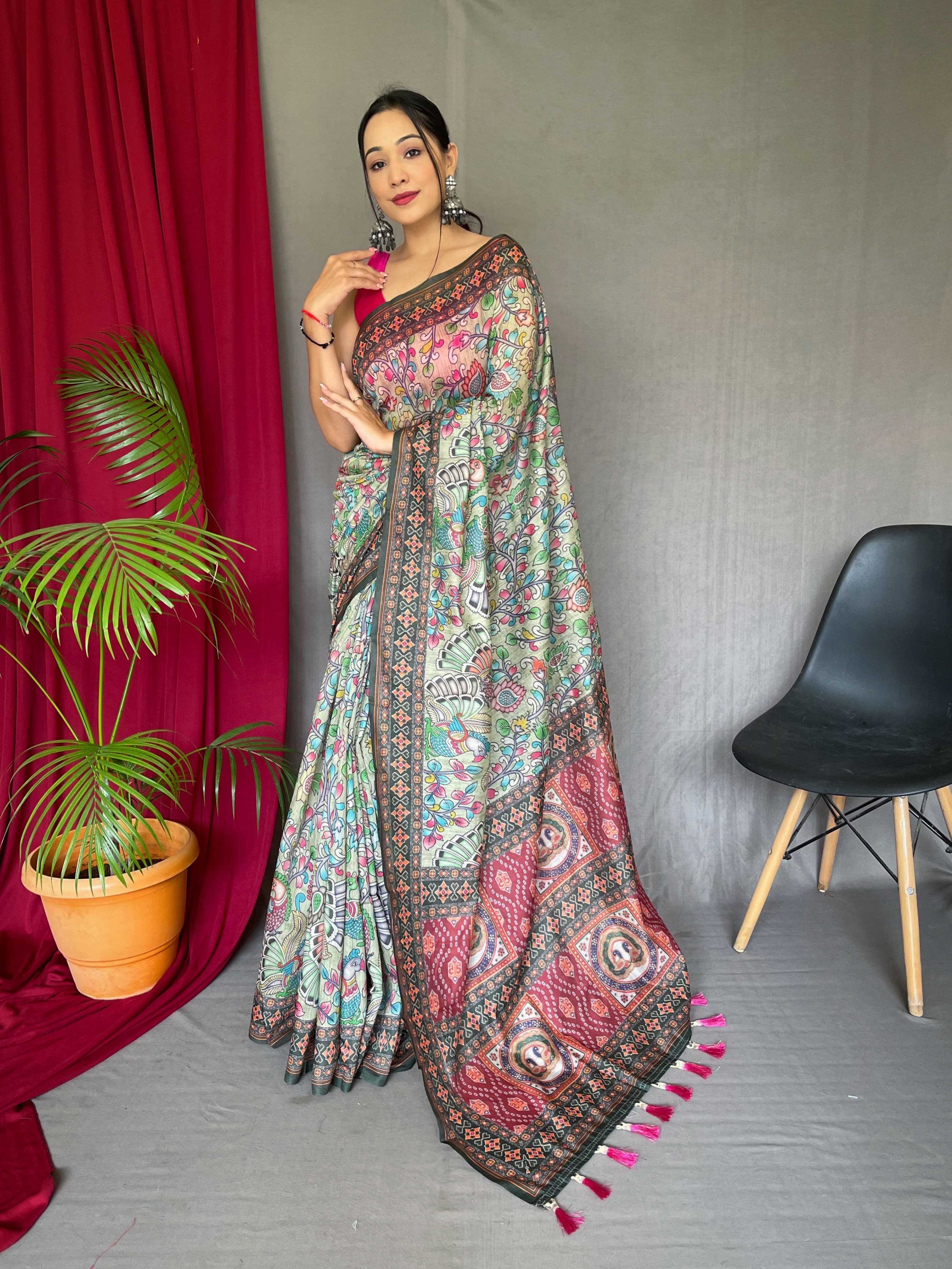 Elegant Multi Kalamkari Pattern Pista Green Saree