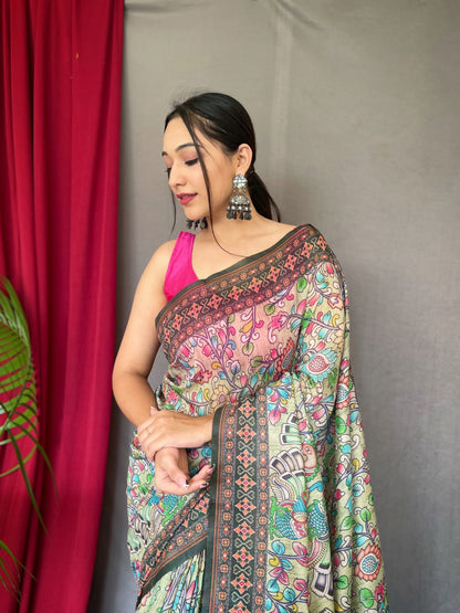 Elegant Multi Kalamkari Pattern Pista Green Saree