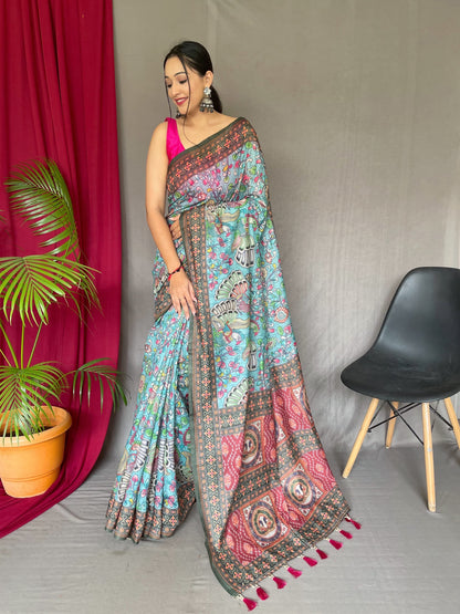 Elegant Multi Kalamkari Pattern Sky Blue Saree