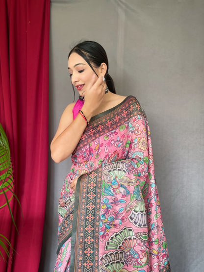 Elegant Multi Kalamkari Pattern Light Pink Saree