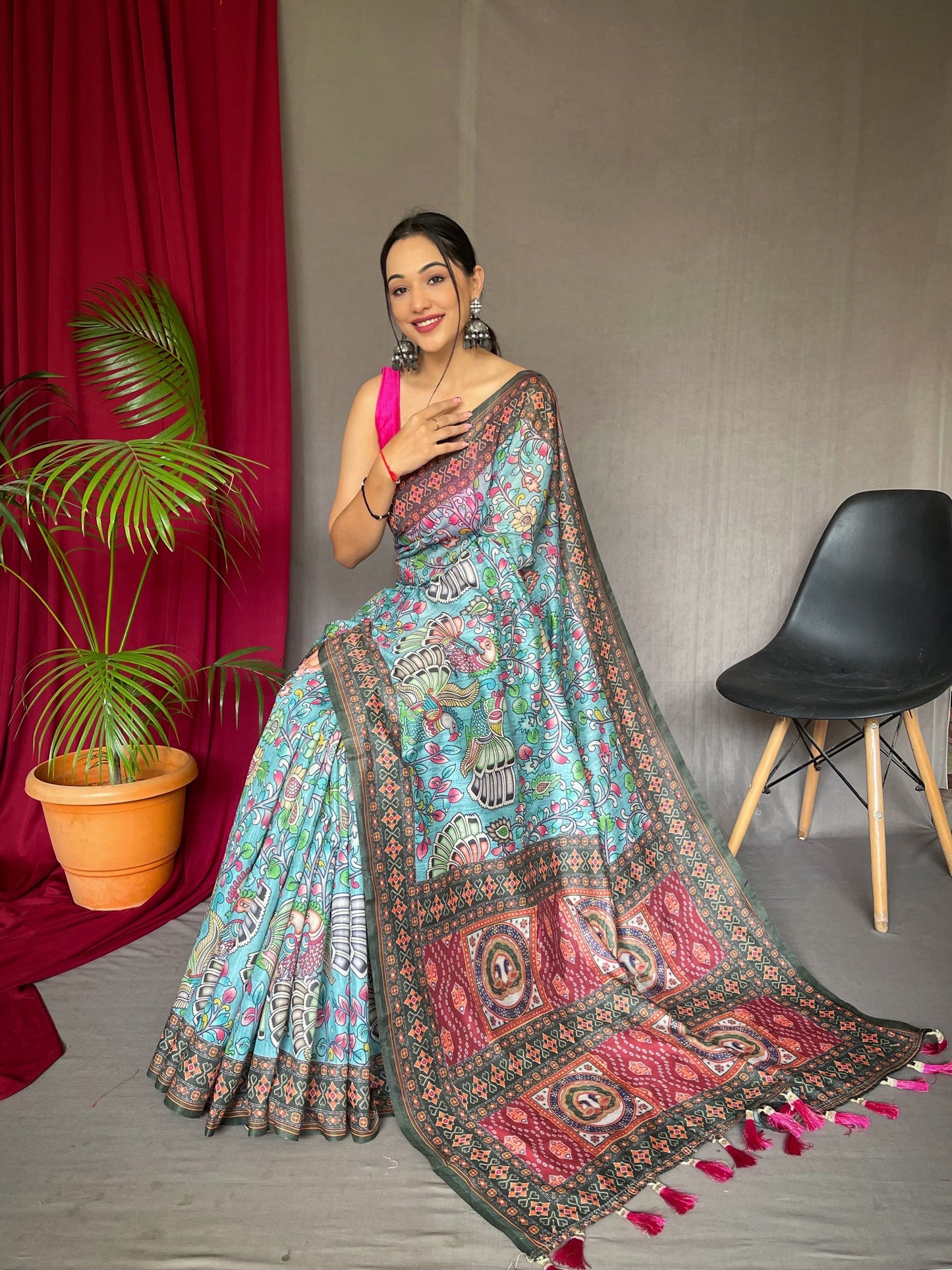 Elegant Multi Kalamkari Pattern Sky Blue Saree