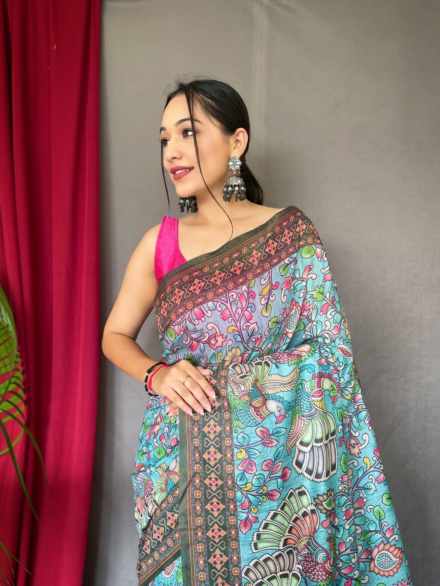 Elegant Multi Kalamkari Pattern Sky Blue Saree