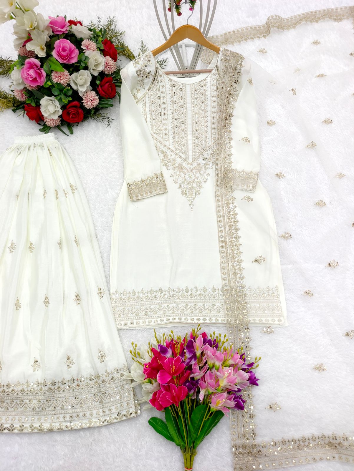 Wedding Wear White Color Heavy Work Sharara Suit