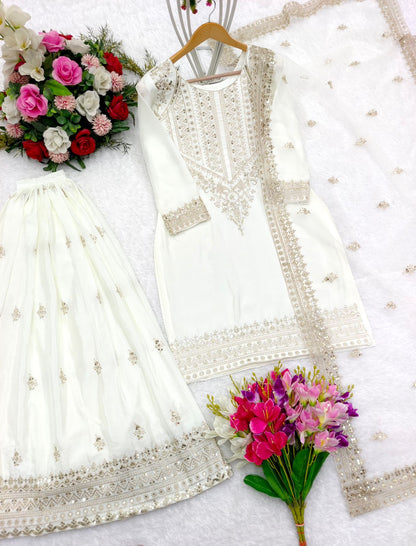 Wedding Wear White Color Heavy Work Sharara Suit