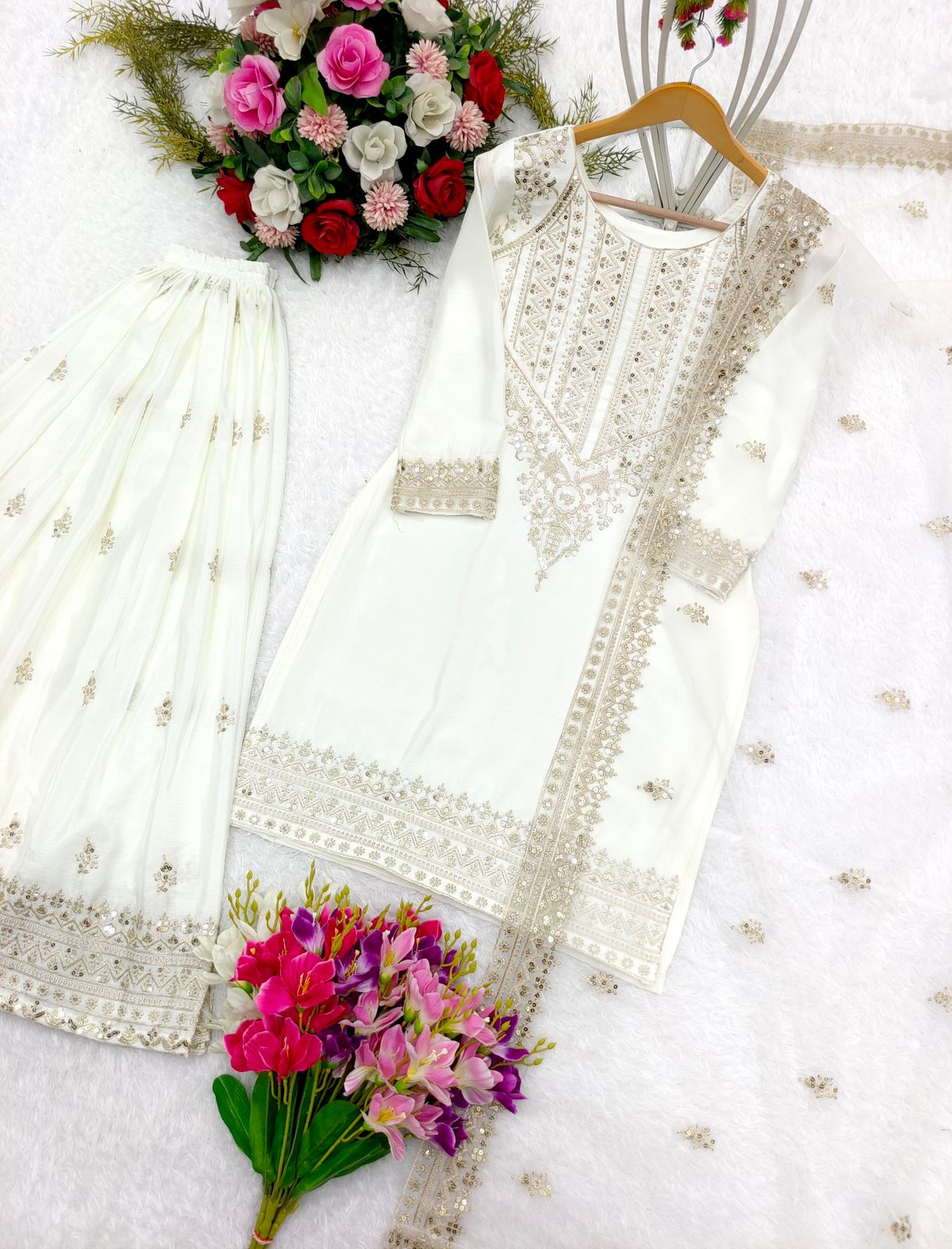 Wedding Wear White Color Heavy Work Sharara Suit