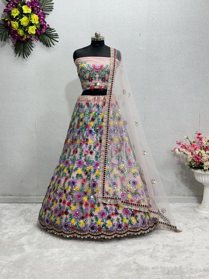 Heavy Embroidered Work Multi Color Net Lehenga Choli