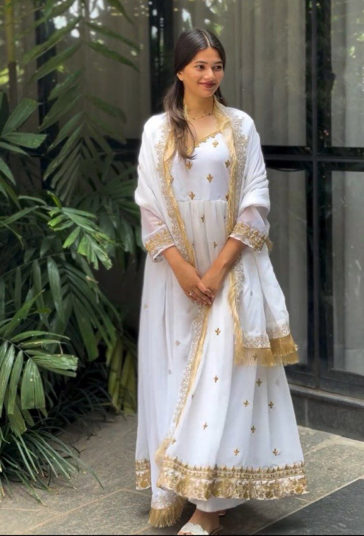 Golden Embroidery Work White Long Anakali Gown