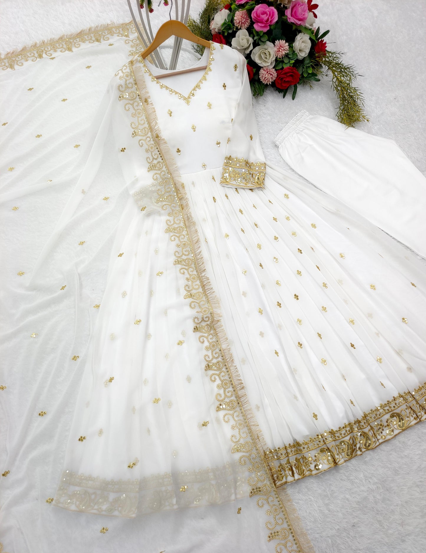 Golden Embroidery Work White Long Anakali Gown