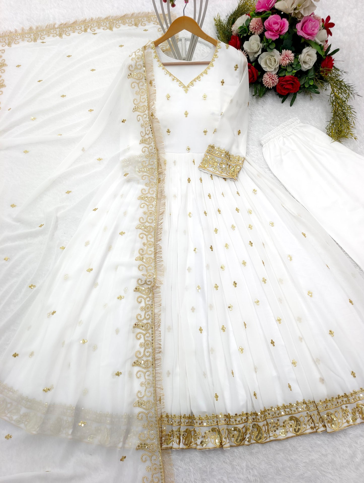 Golden Embroidery Work White Long Anakali Gown