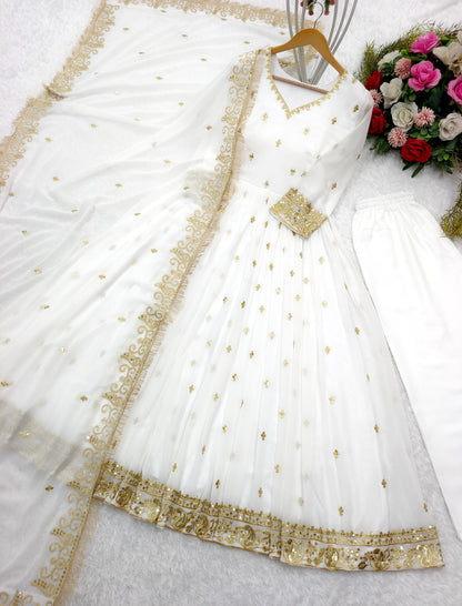 Golden Embroidery Work White Long Anakali Gown