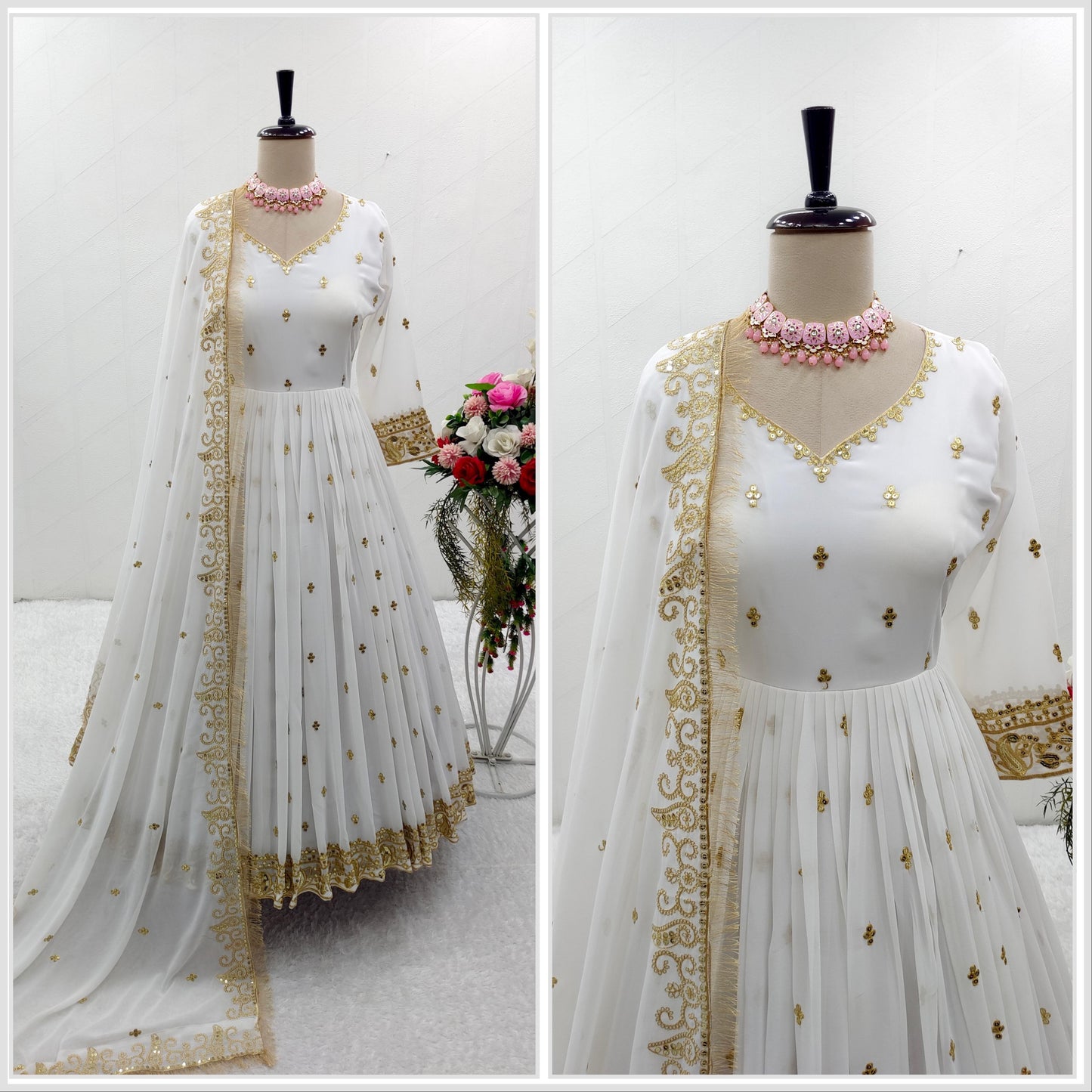 Golden Embroidery Work White Long Anakali Gown